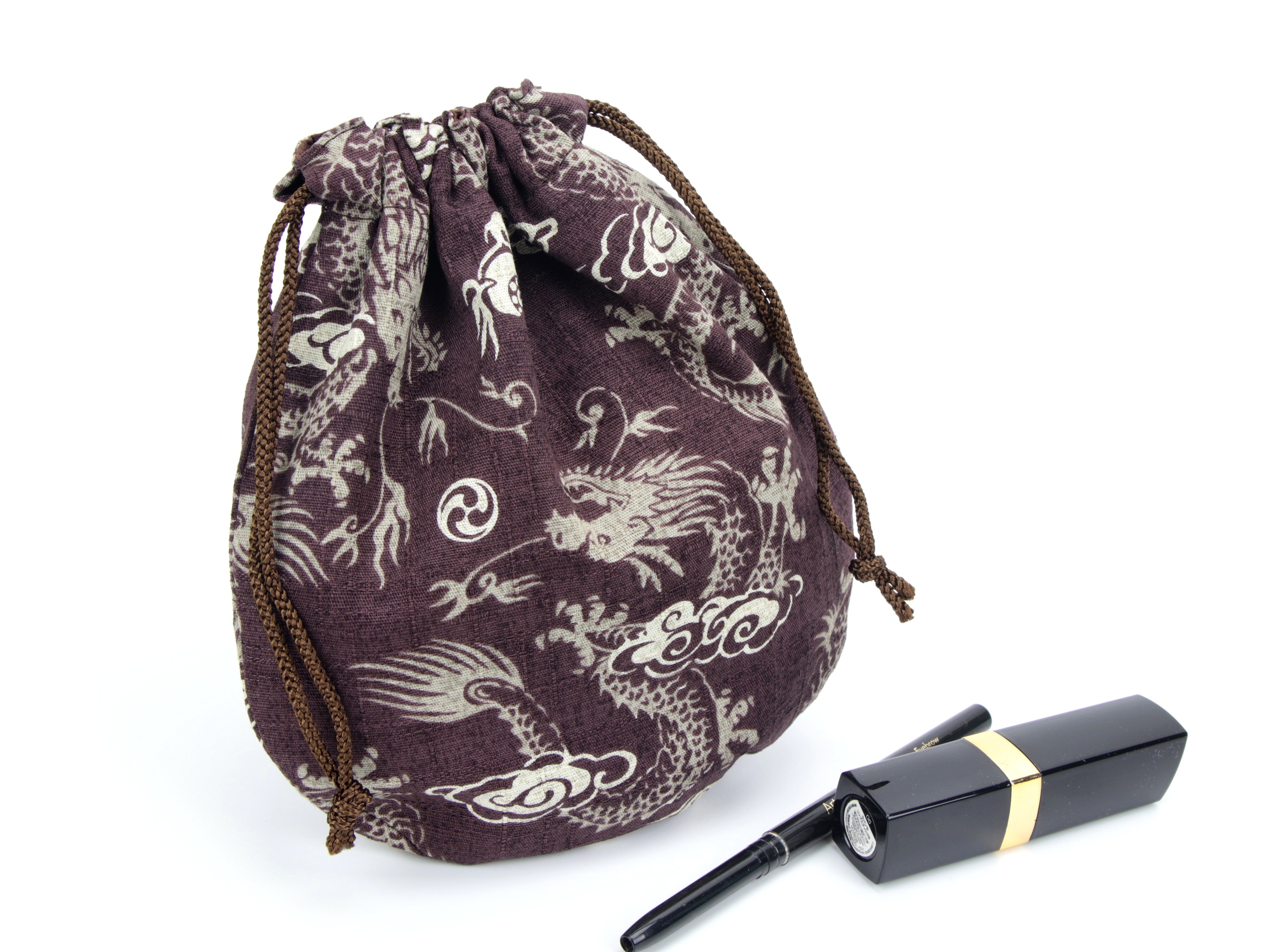 Dragon Snack Pouch, Kimono Drawstring Pouch, Gift For Her, Kimono Cotton, Brown