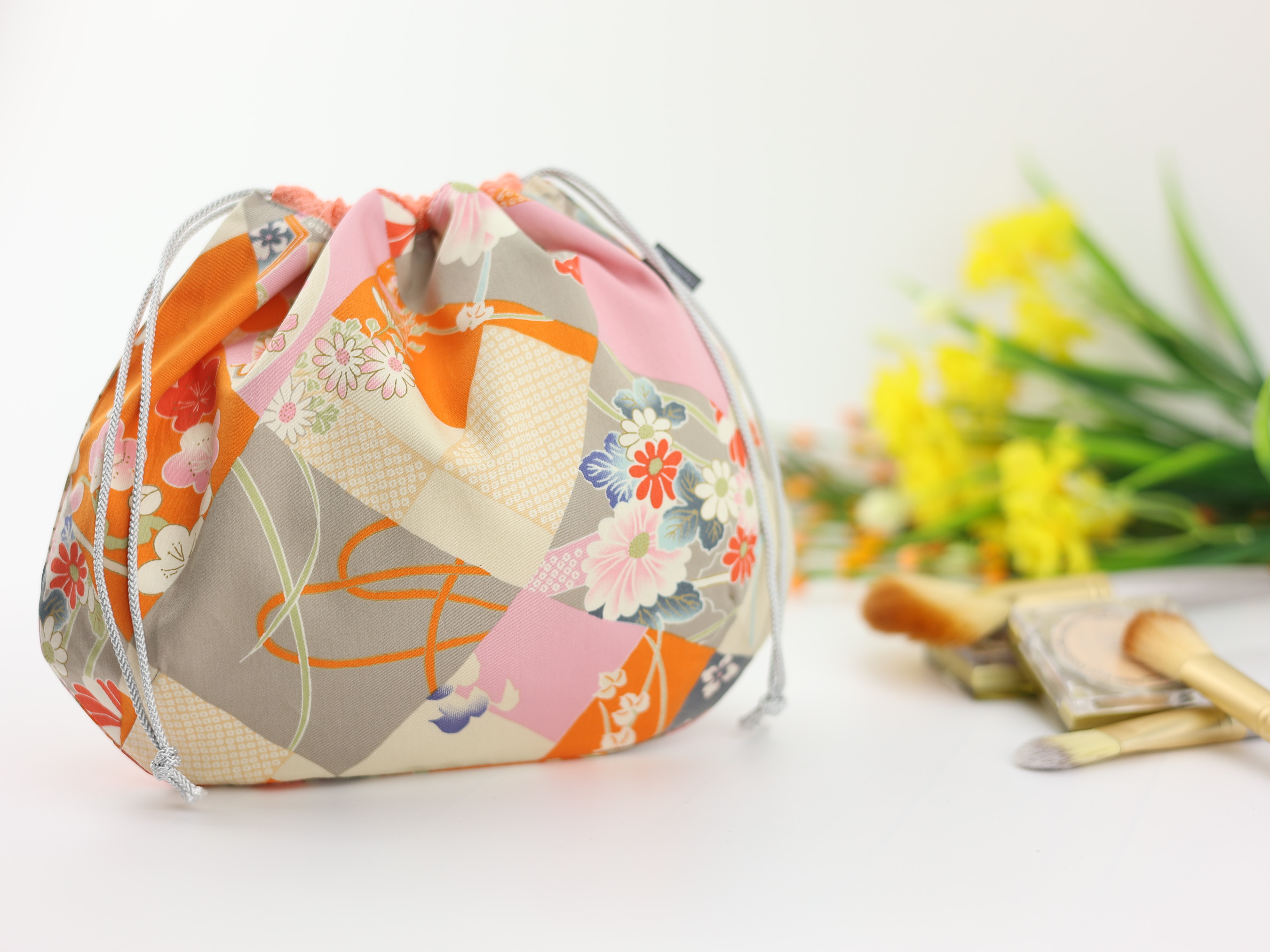 Japanese Patchwork Floral Drawstring Pouch – Orange Pink Kimono Fabric Bag