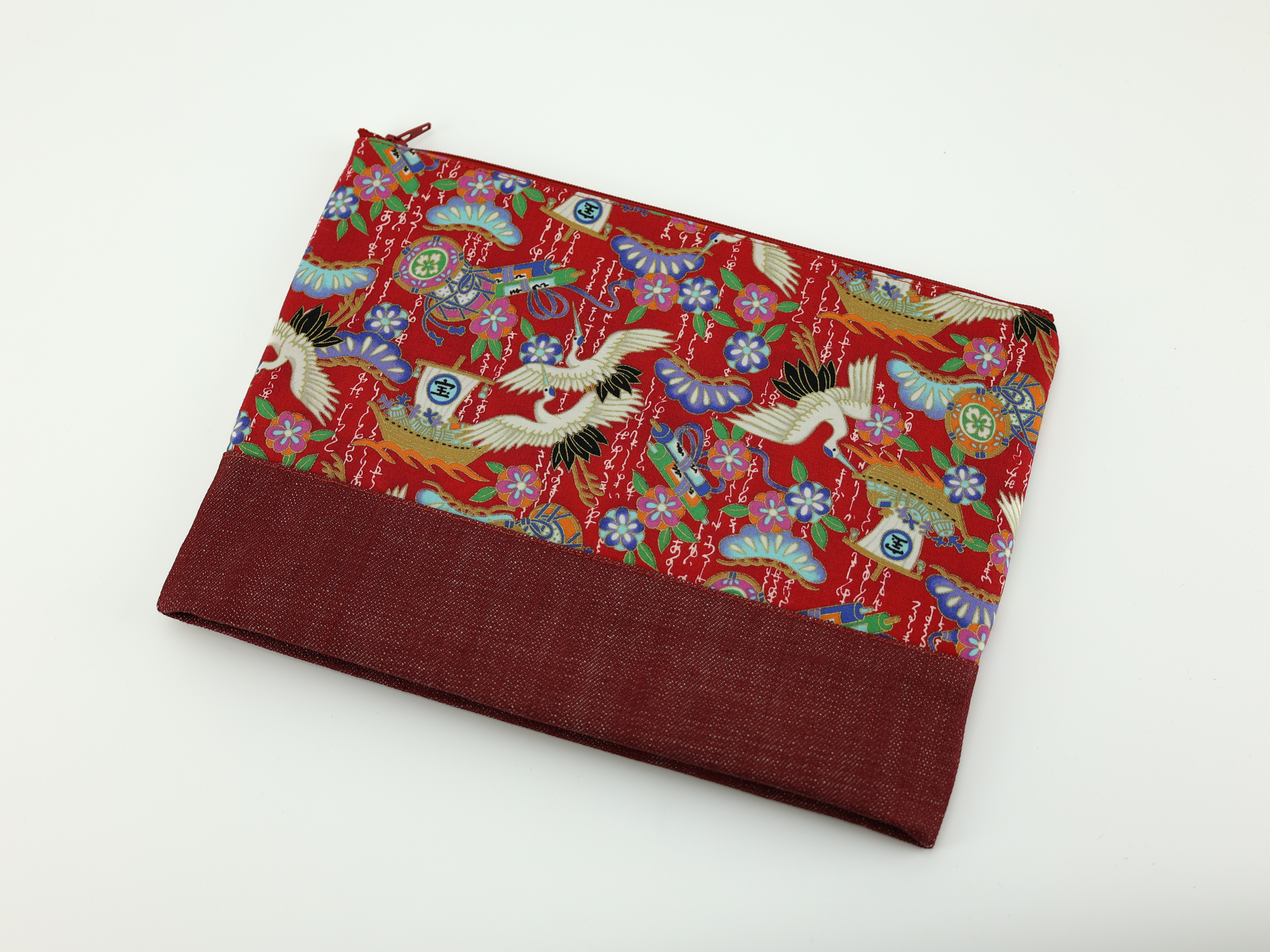 Handmade Japanese Kimono Pouch: Crane Print Cosmetic Bag