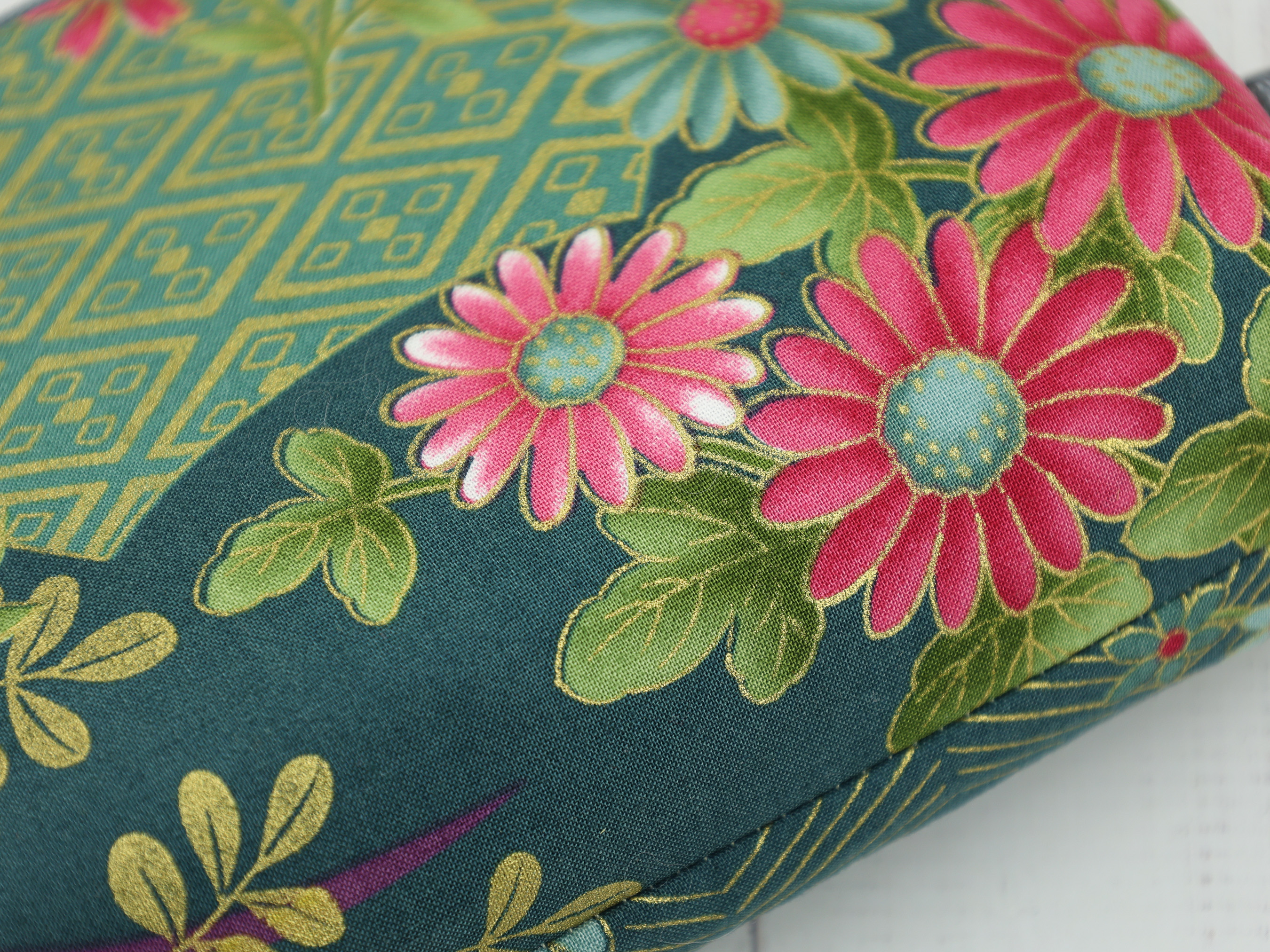 Fan and Chrysanthemum Zipper Pouch – Japanese Floral Makeup Bag, Green Cotton Gift for Her