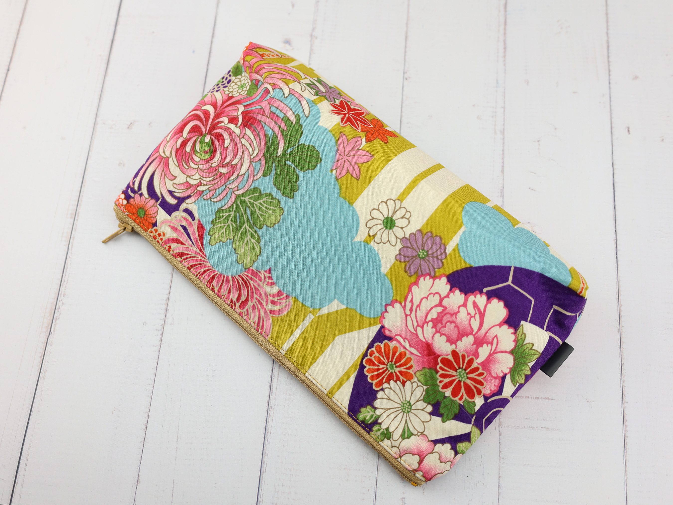 Japanese Peony Zipper Pouch – Yabane and Floral Print Bag, Bold Kimono Pattern Organizer