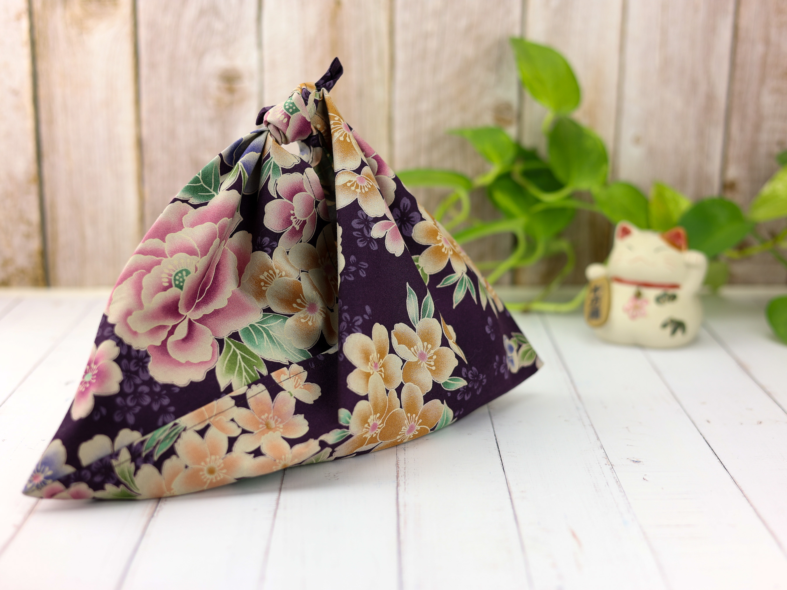 Japanese Azuma Bag – Purple Floral Fabric with Peony & Plum Blossoms, Unlined Cotton Tote, Handmade in Canada