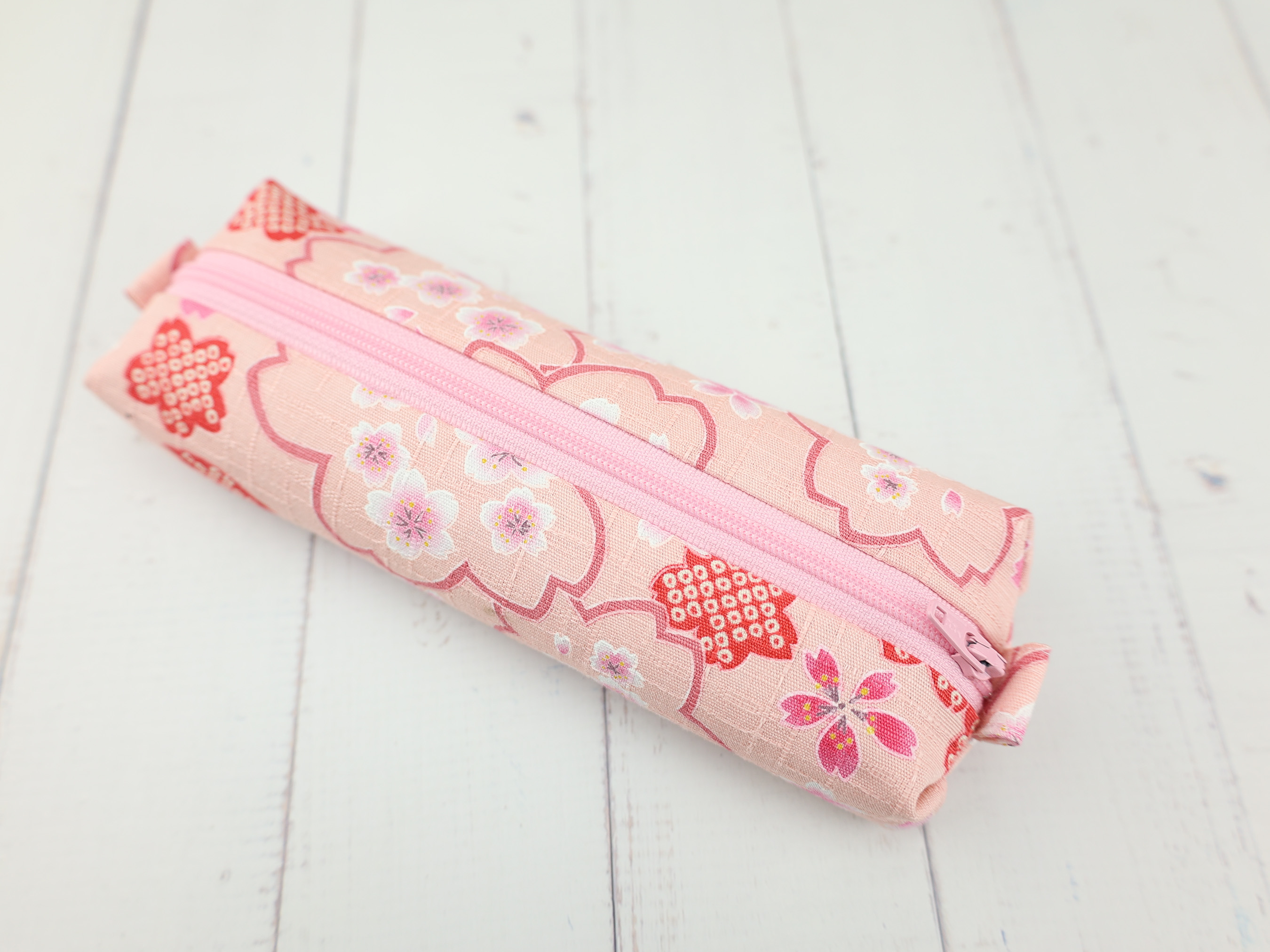 Sakura Pencil Pouch – Soft Japanese Zipper Case in Light Pink Cherry Blossom Fabric, Lined & Gentle