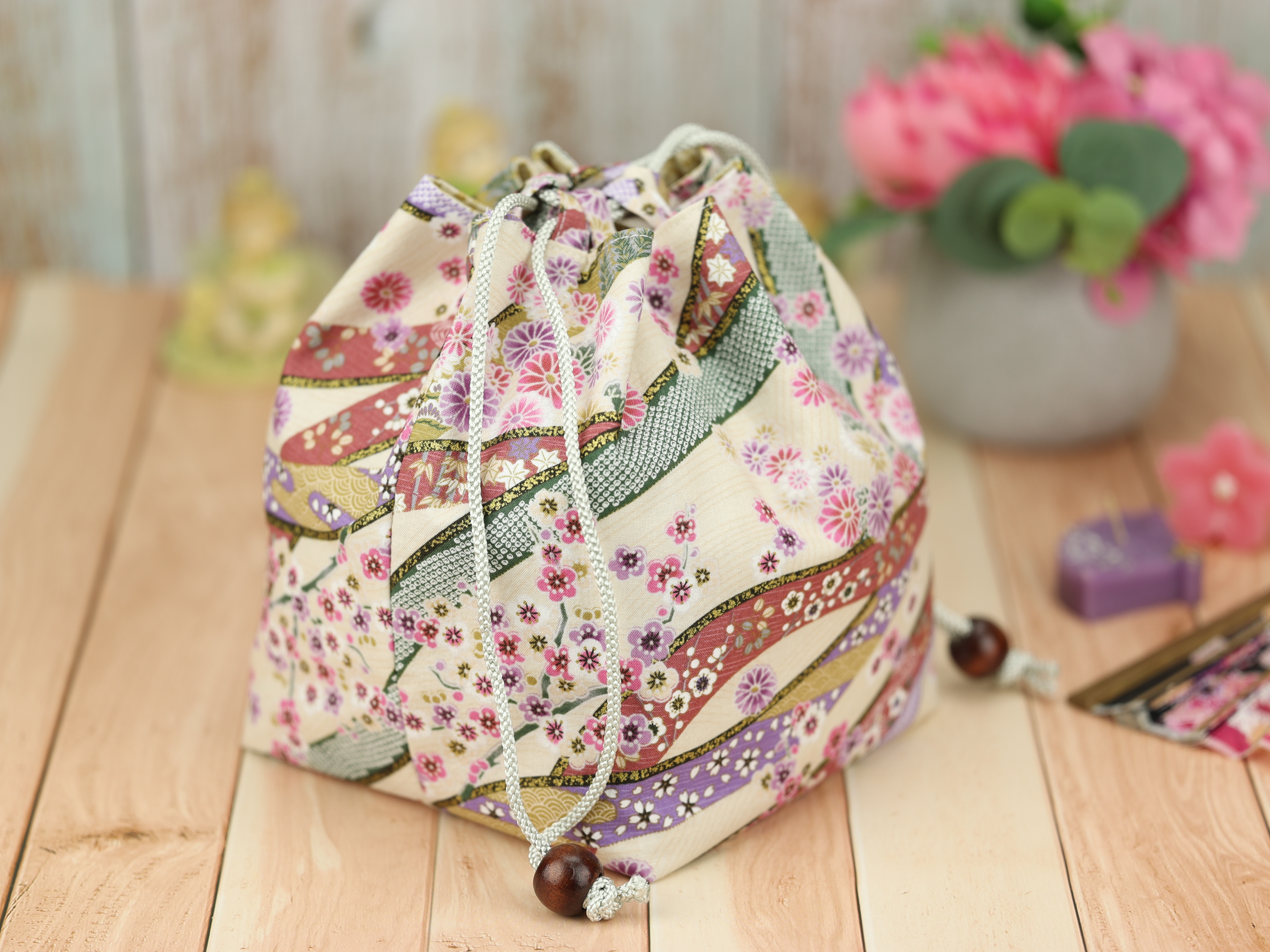 Kimono Fabric Drawstring Pouch: Handmade Cotton Makeup Bag Cherry Blossoms