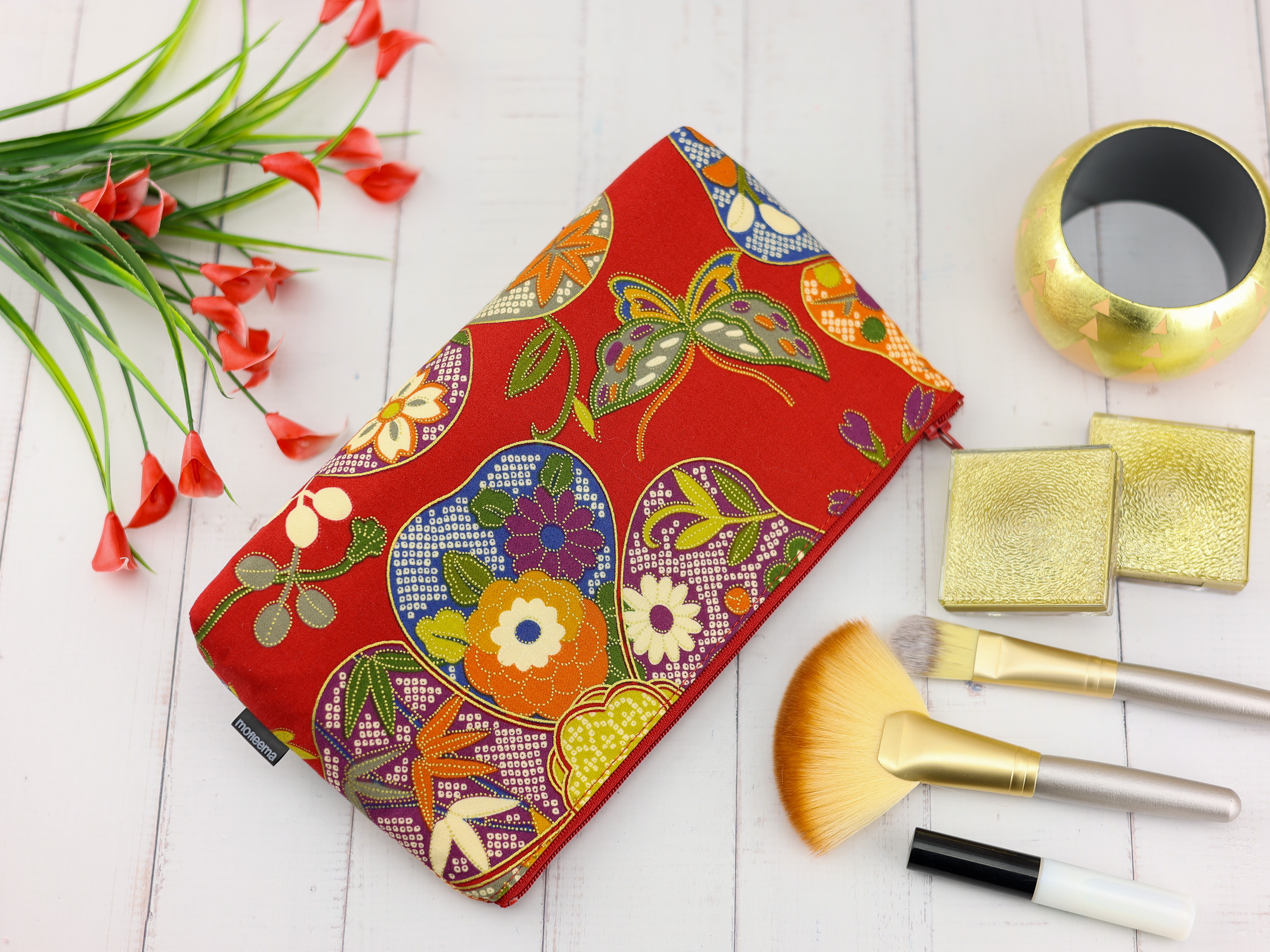 Japanese Butterfly Floral Zipper Pouch – Red Cotton Makeup Bag, Kimono-Inspired Gift Idea
