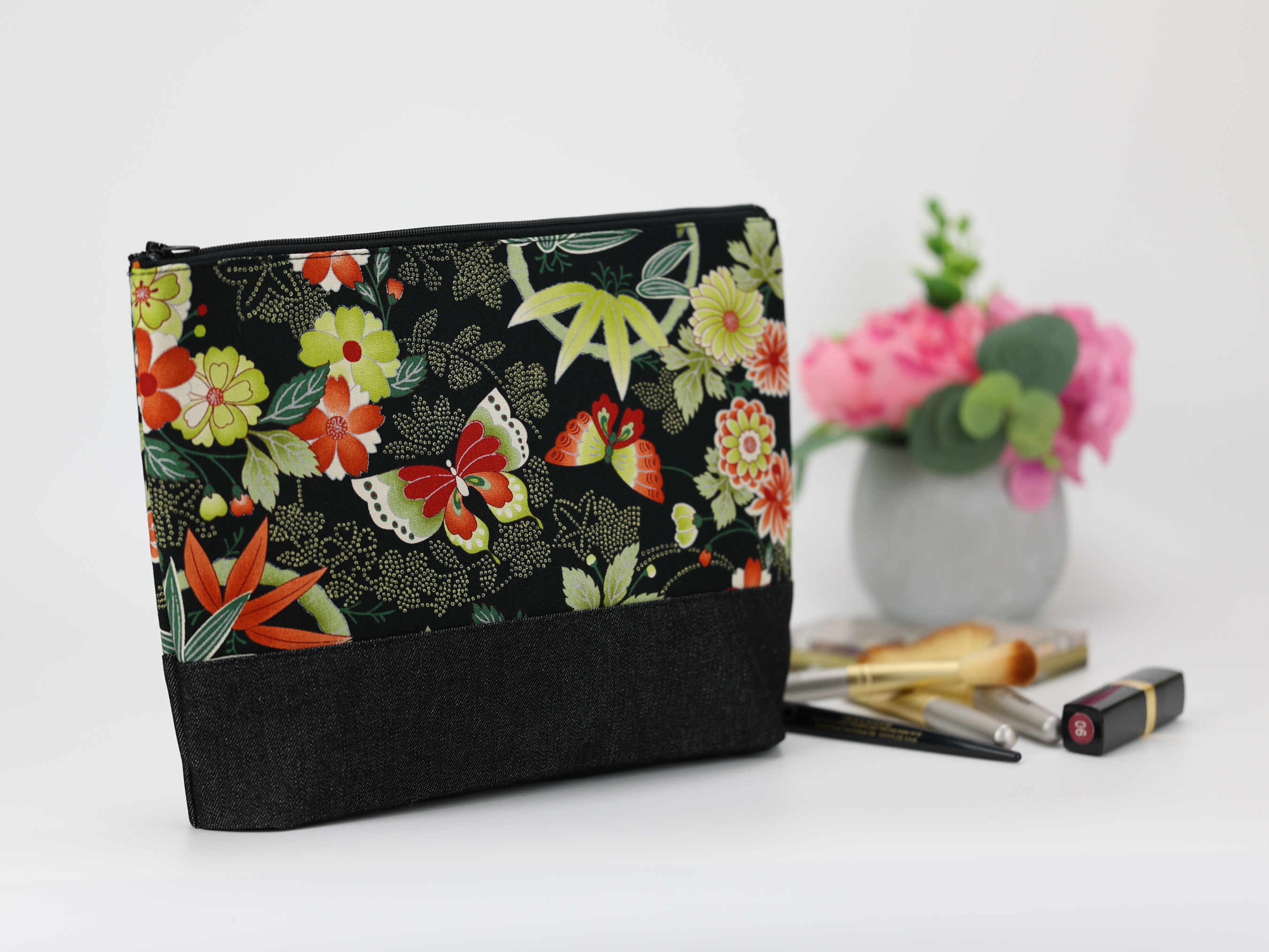 Large Cosmetic Pouch: Butterfly Print, Japanese Kimono Fabric