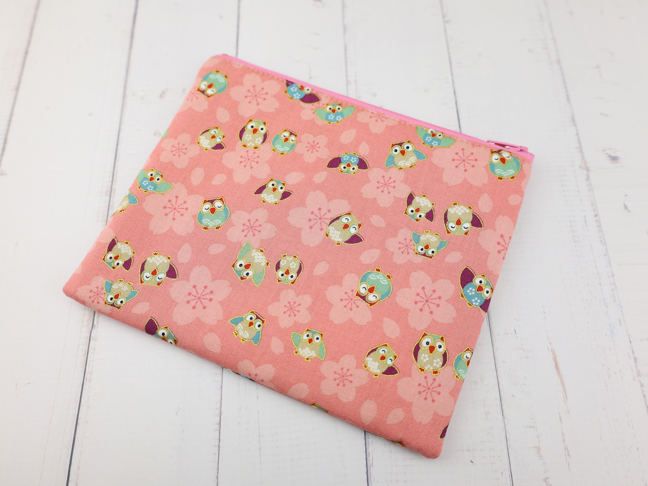 Cute Owl Sakura Zipper Pouch, Japanese Kimono Fabric Makeup Bag, Pink Cotton Gift