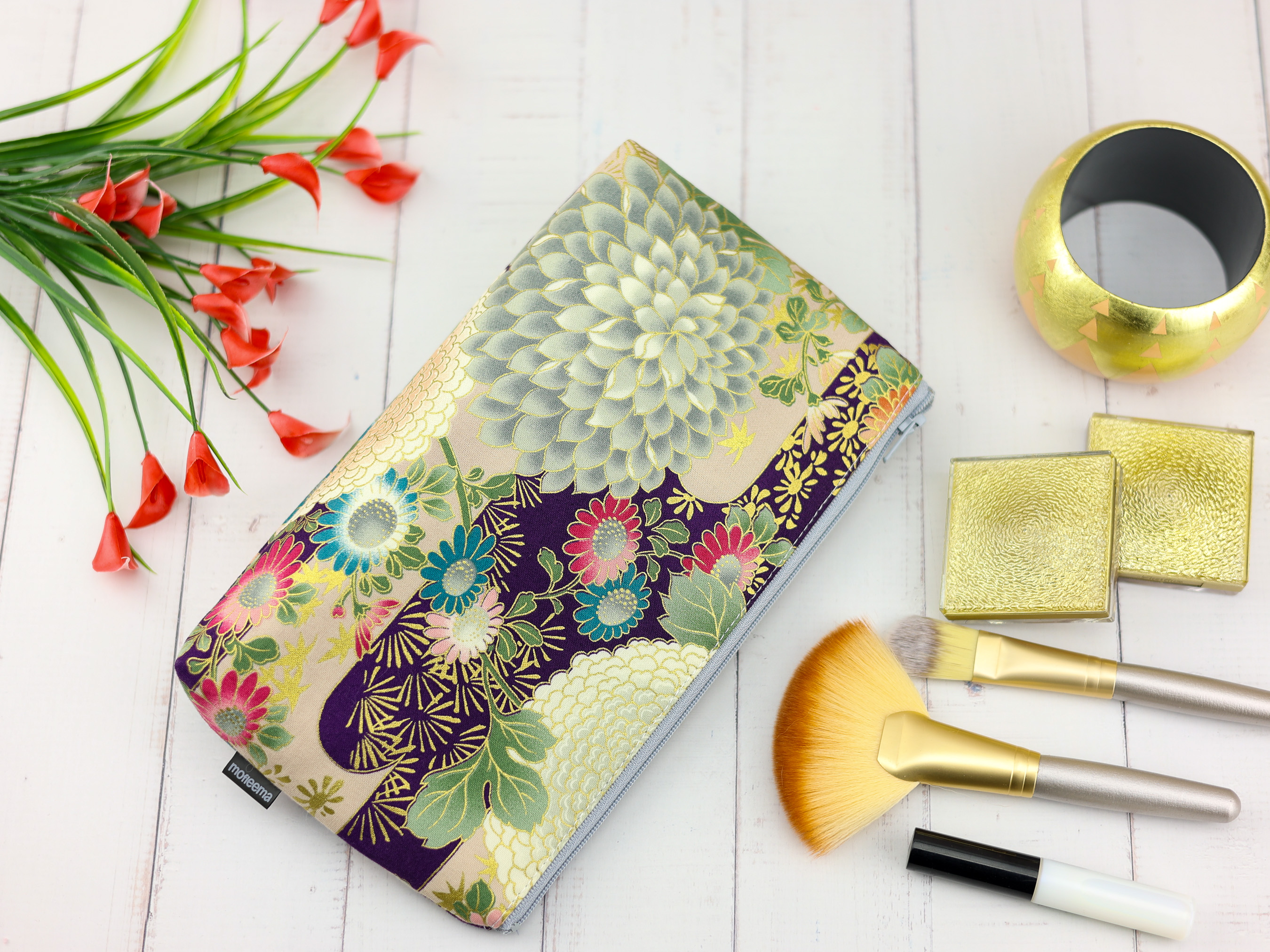 Large Chrysanthemum Zipper Pouch – Japanese Kimono Fabric Bag in Purple and Gold