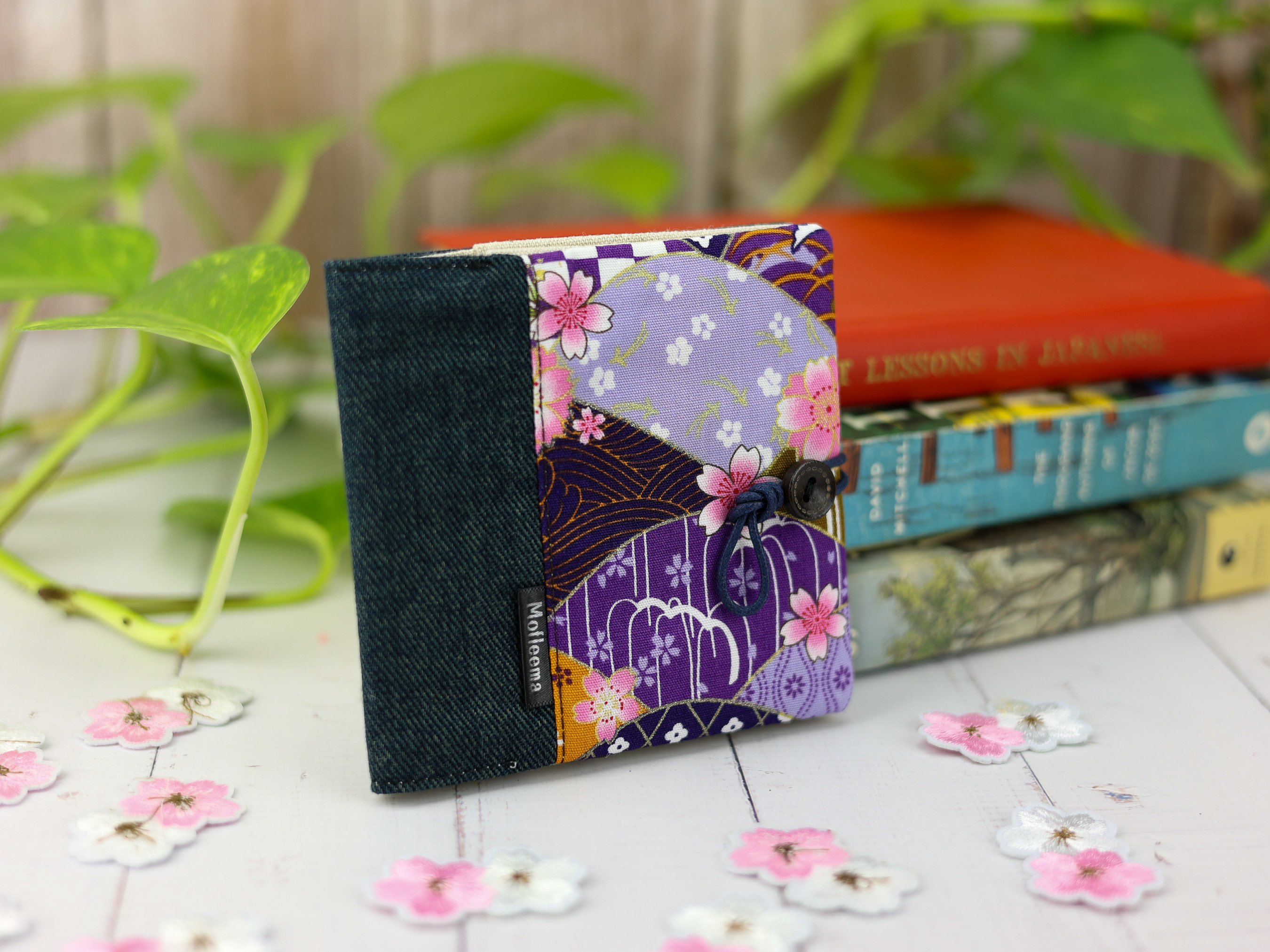 Japanese Sakura Wave Pad Holder – Purple and Lilac Kimono Patchwork Pouch with Button Closure