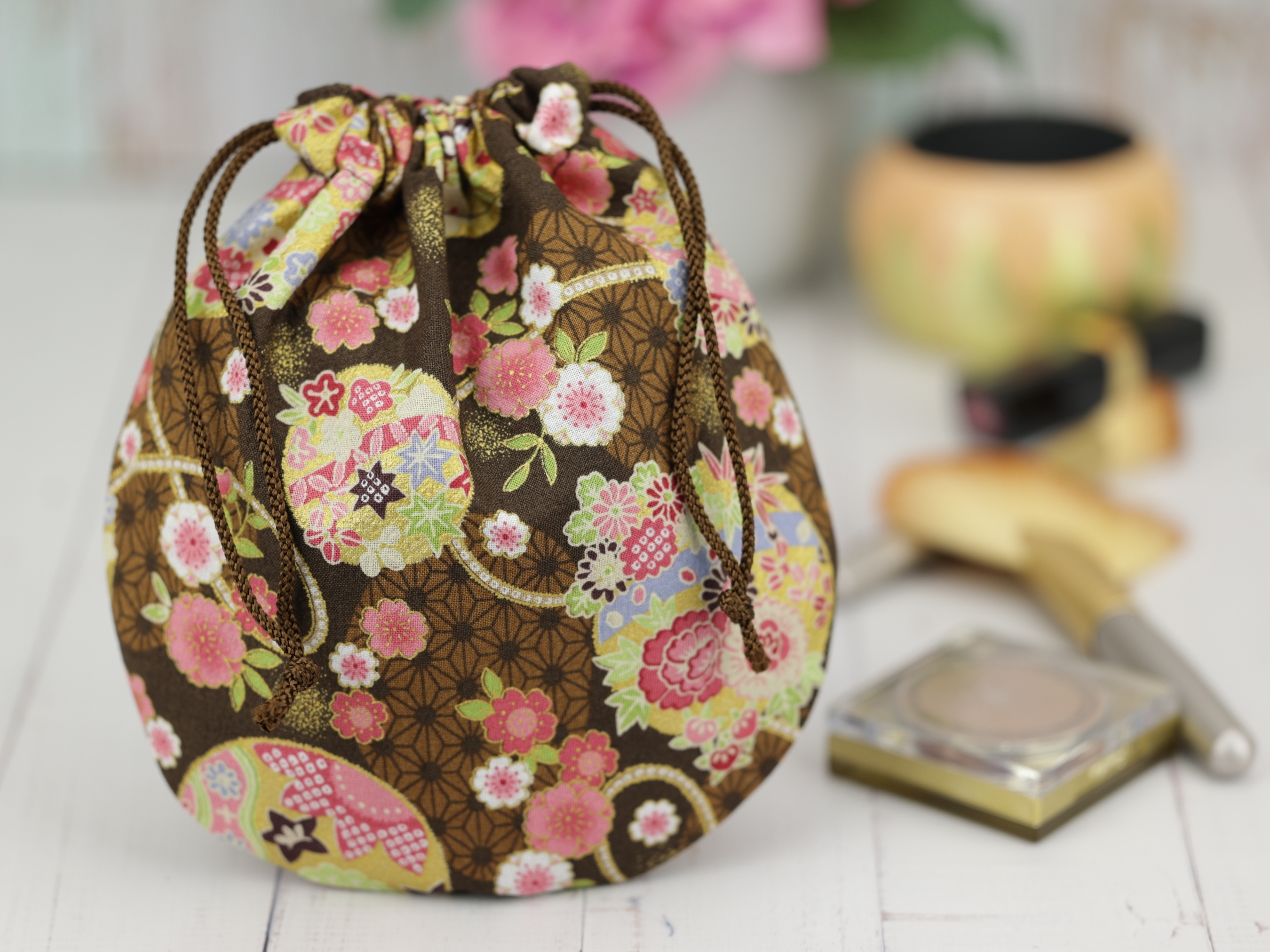 Cotton Fabric Drawstring Bag, Bridesmaids Gift, Japanese Kimono Pouch, Chrysanthemum, Brown