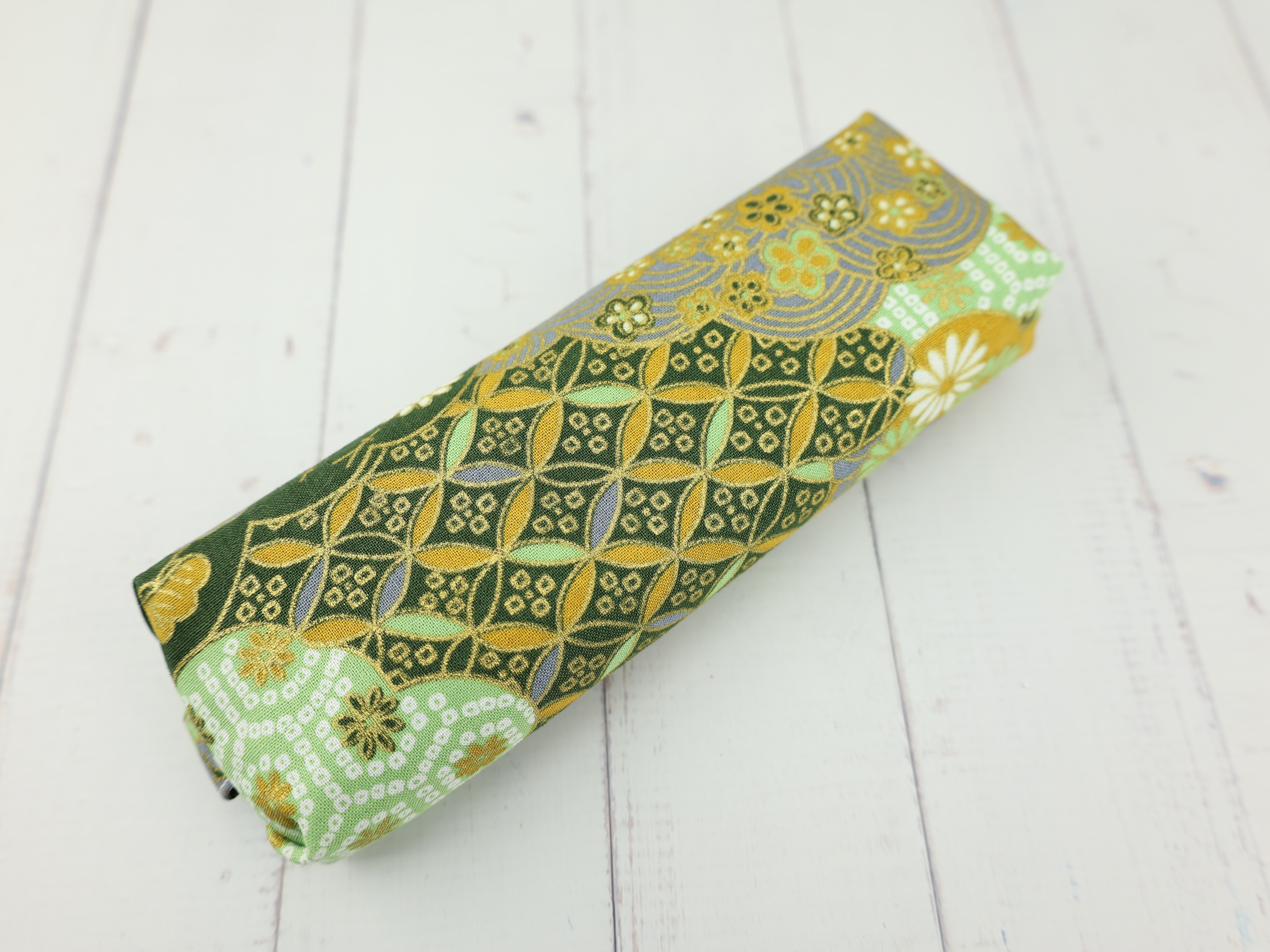Chrysanthemum Pencil Case – Soft Zipper Pouch in Japanese Kimono Fabric, Green & Gold Floral Design