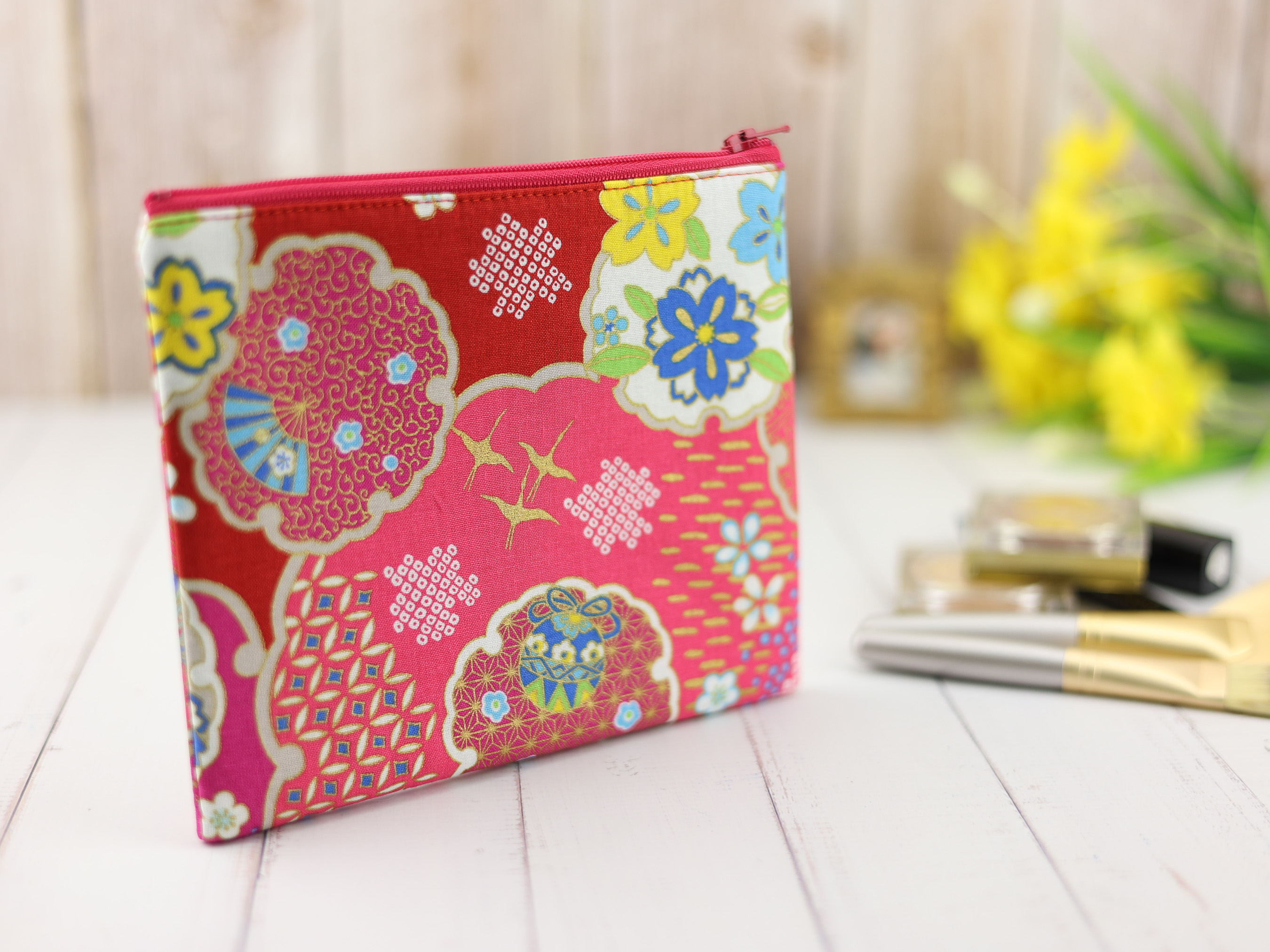 Red Floral Japanese Zipper Pouch – Makeup Bag with Traditional Fan, Crane & Sakura Motifs