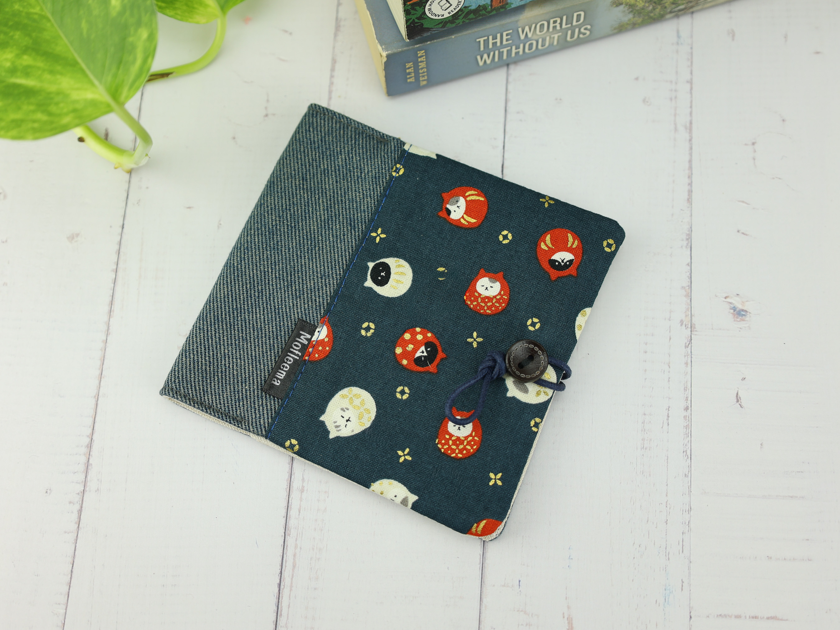 Daruma Cat Period Pouch – Japanese Lucky Kitty Fabric with Denim and Button Closure, Handmade Gift