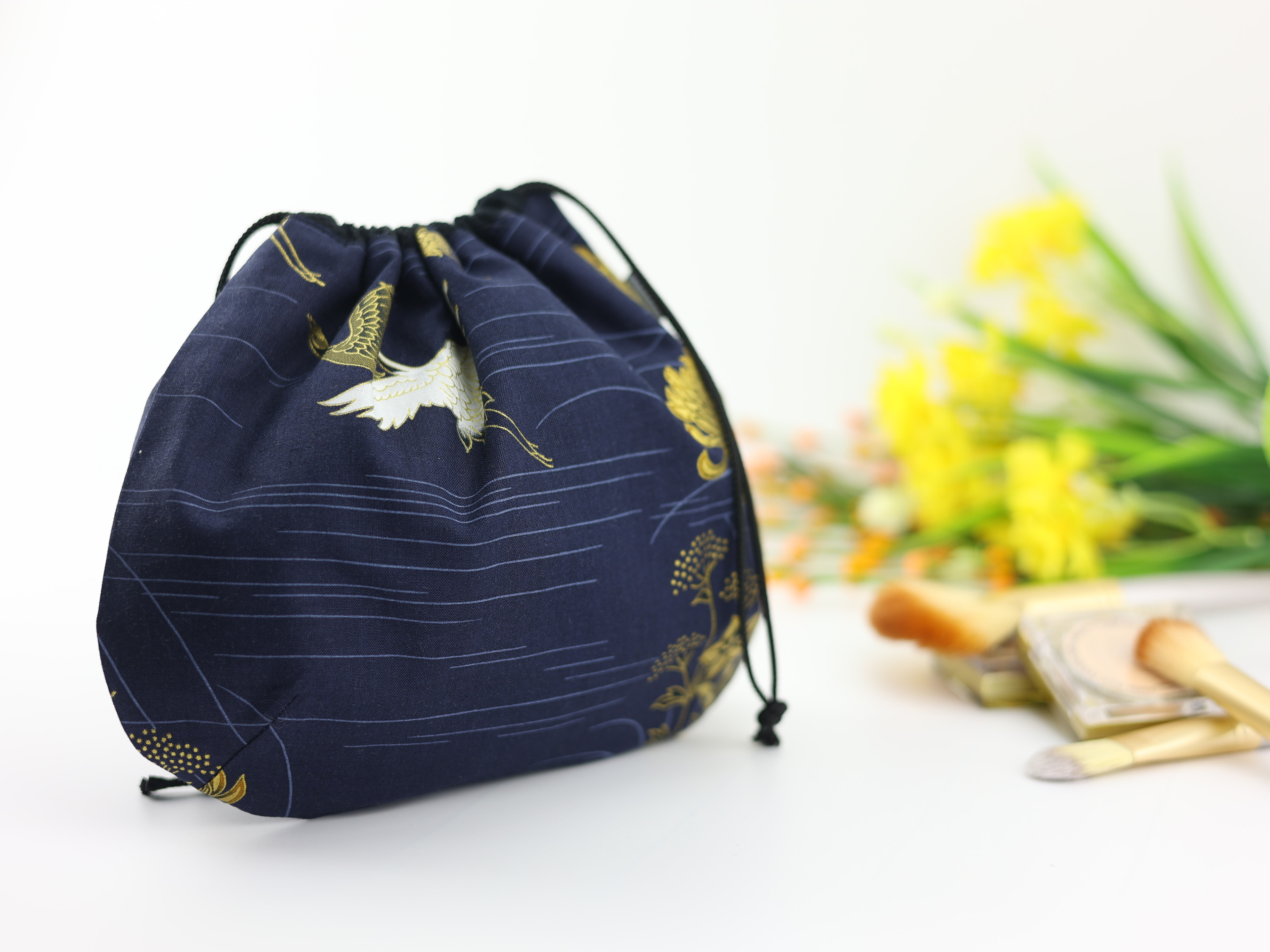 Japanese Crane Drawstring Pouch – Indigo Makeup Bag, Kimono Fabric Gift