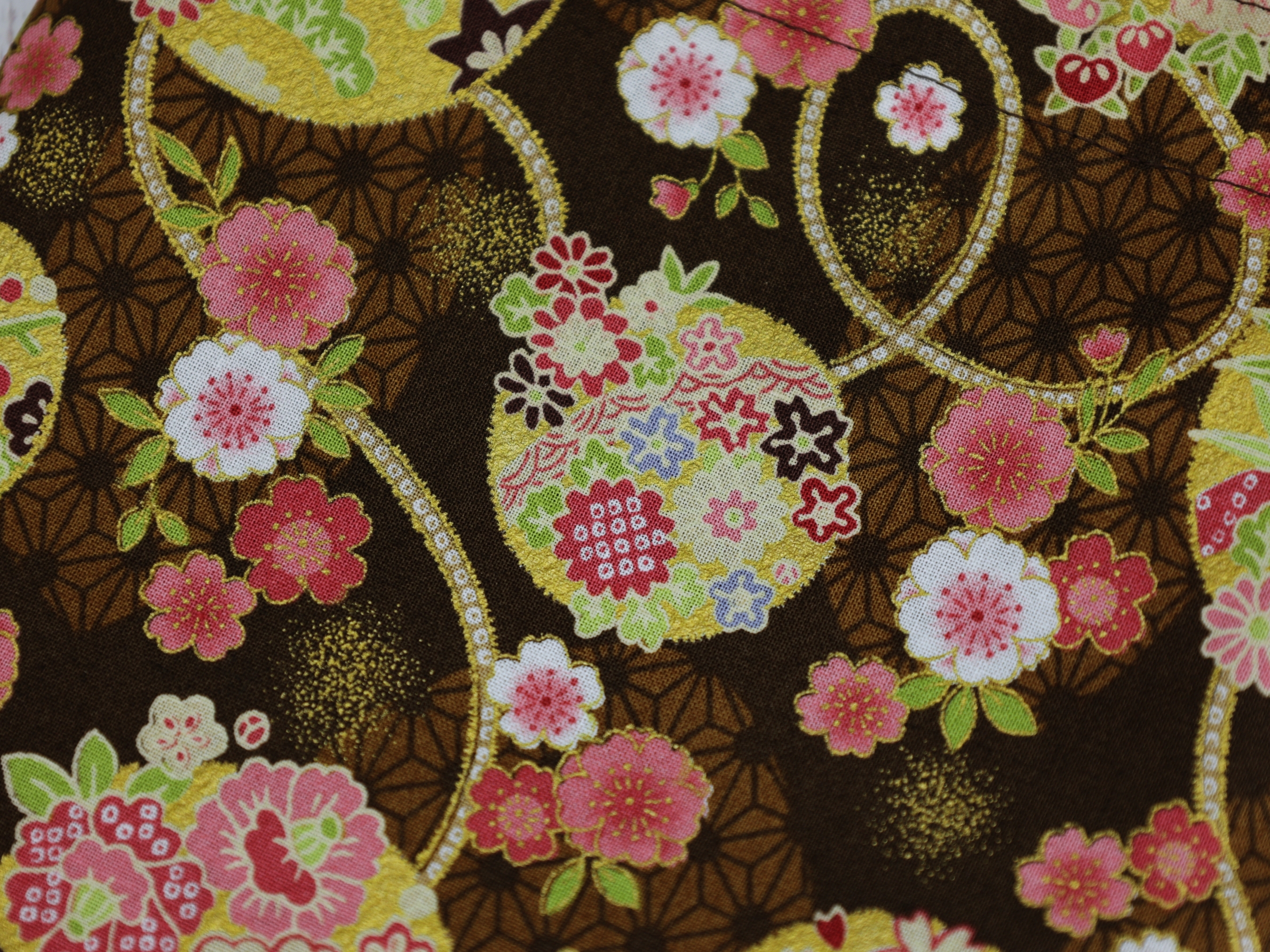 Cotton Fabric Drawstring Bag, Bridesmaids Gift, Japanese Kimono Pouch, Chrysanthemum, Brown