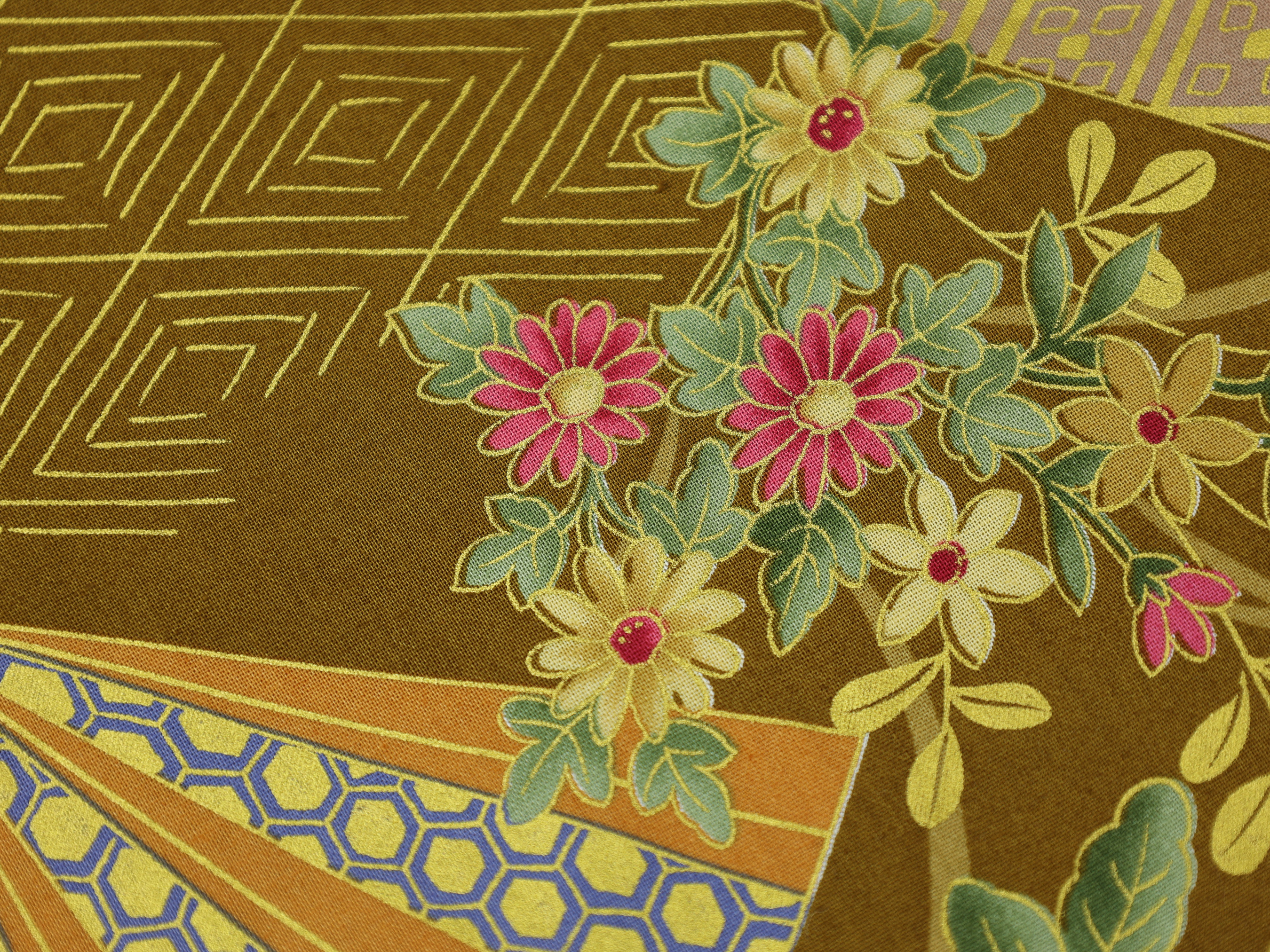 Japanese Azuma Bag – Golden Chrysanthemum & Kikkō Pattern, Unlined Cotton Tote, Handmade in Canada