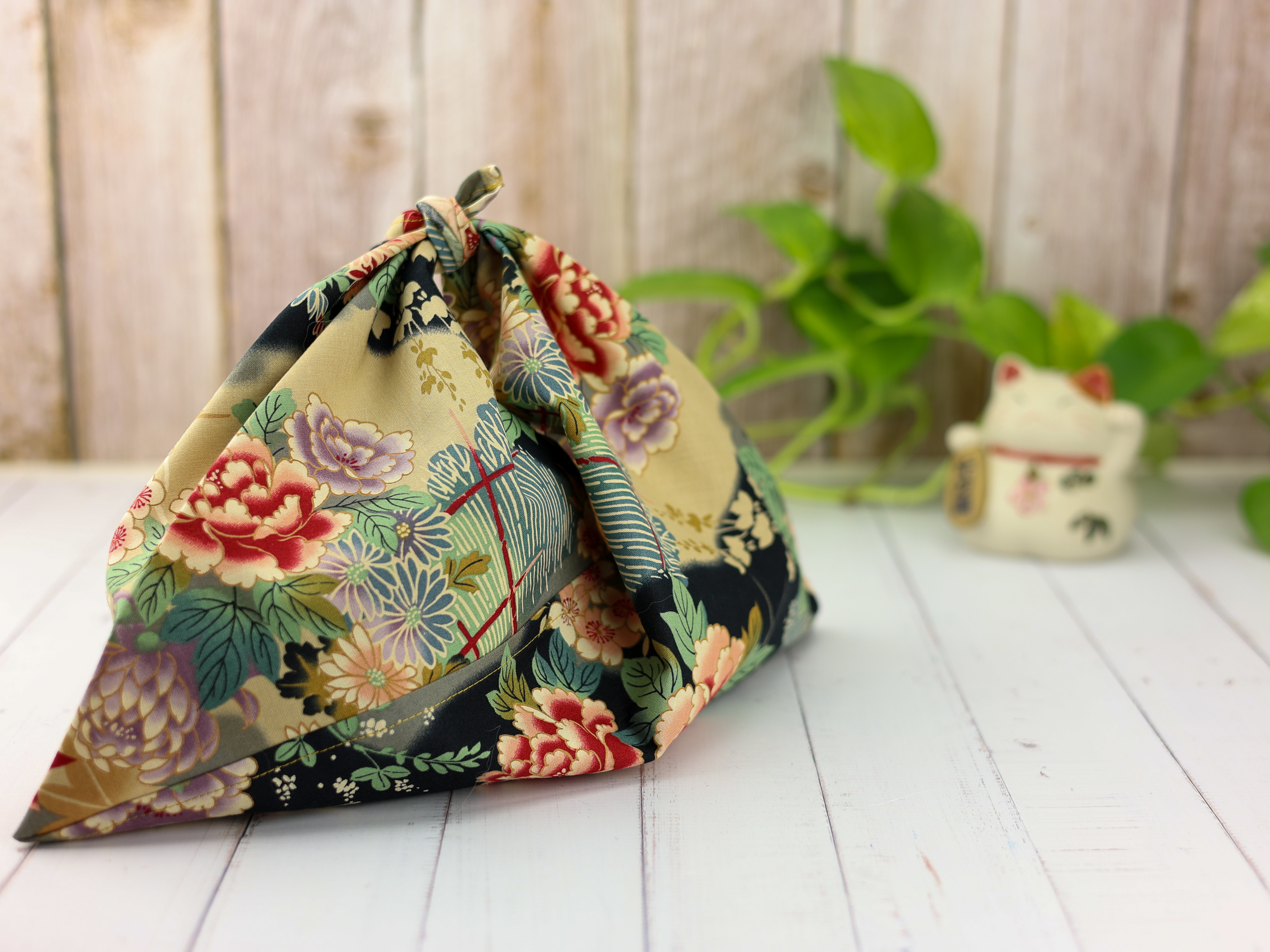Japanese Azuma Bag – Cream Floral Fabric with Peony & Maple, Unlined Cotton Tote, Handmade in Canada