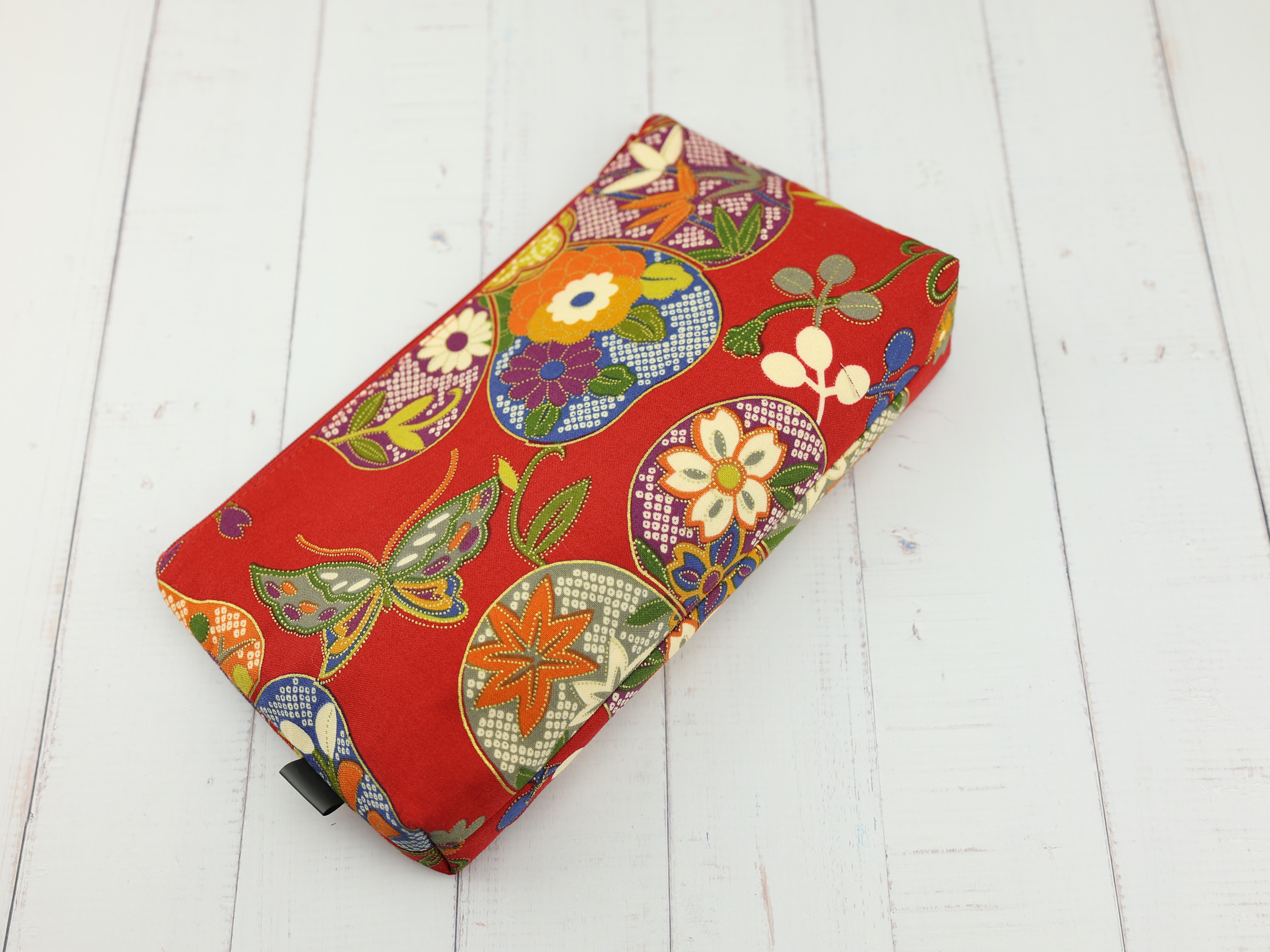 Japanese Butterfly Floral Zipper Pouch – Red Cotton Makeup Bag, Kimono-Inspired Gift Idea