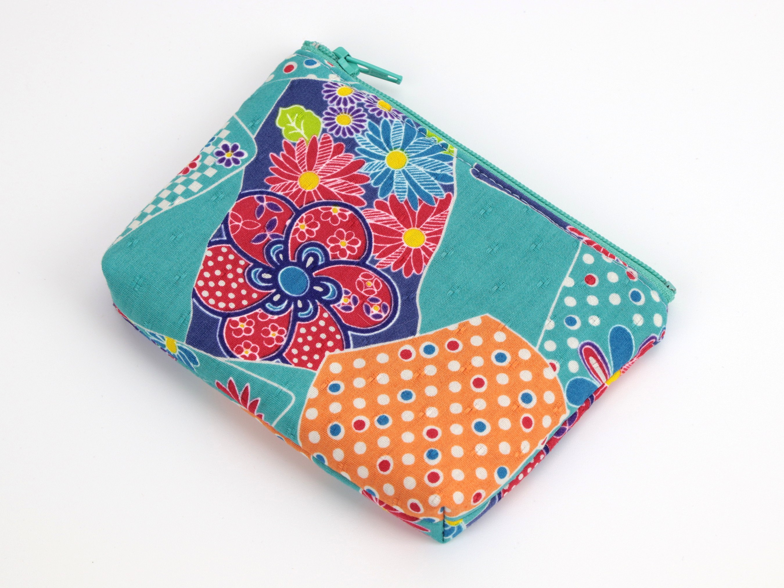 Kimono Cotton Coin Purse: Teal Plum Blossom Zipper Pouch