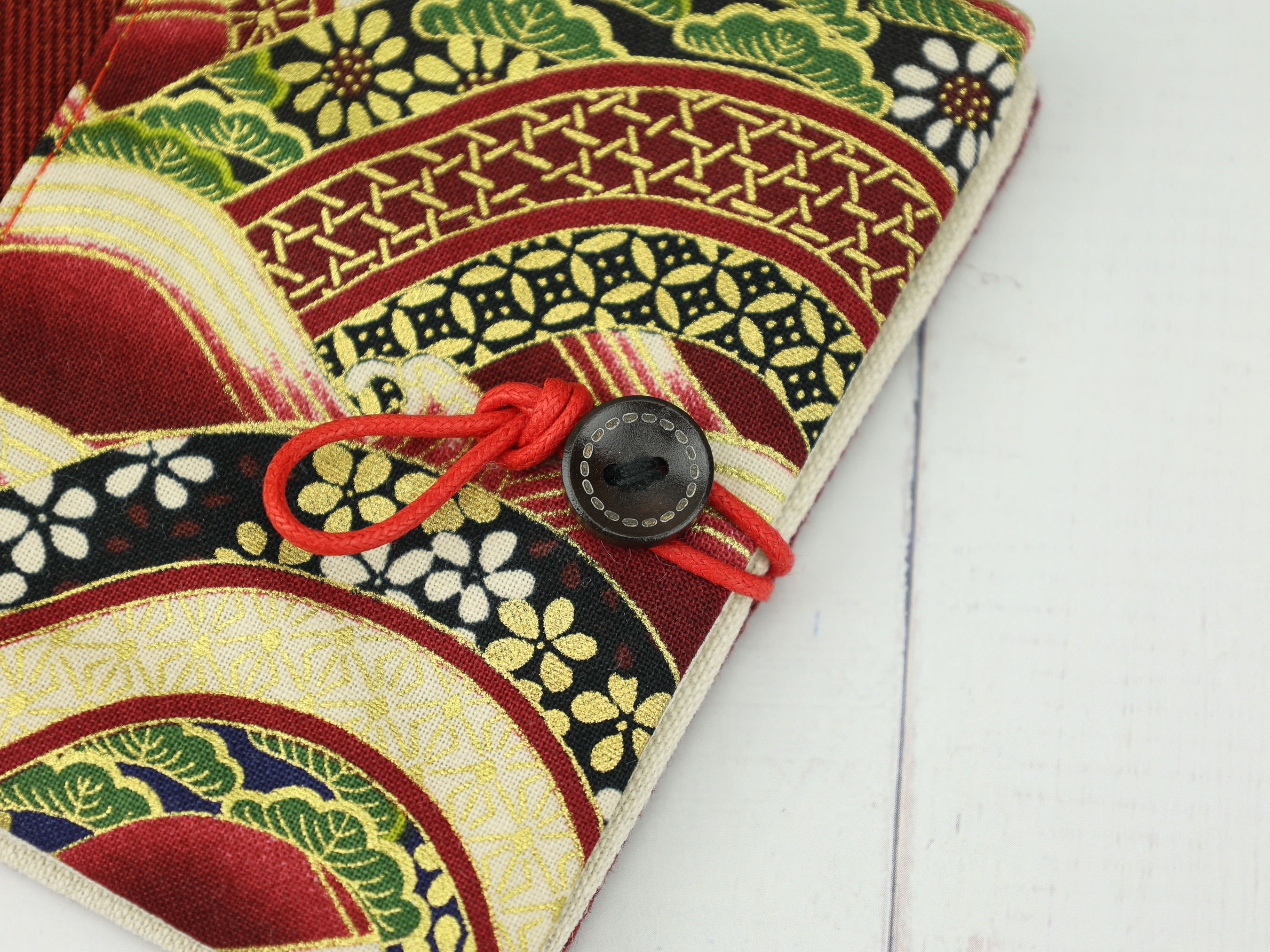 Japanese Seigaiha Pad Holder – Red and Gold Wave Pattern Pouch with Button & Cord Closure