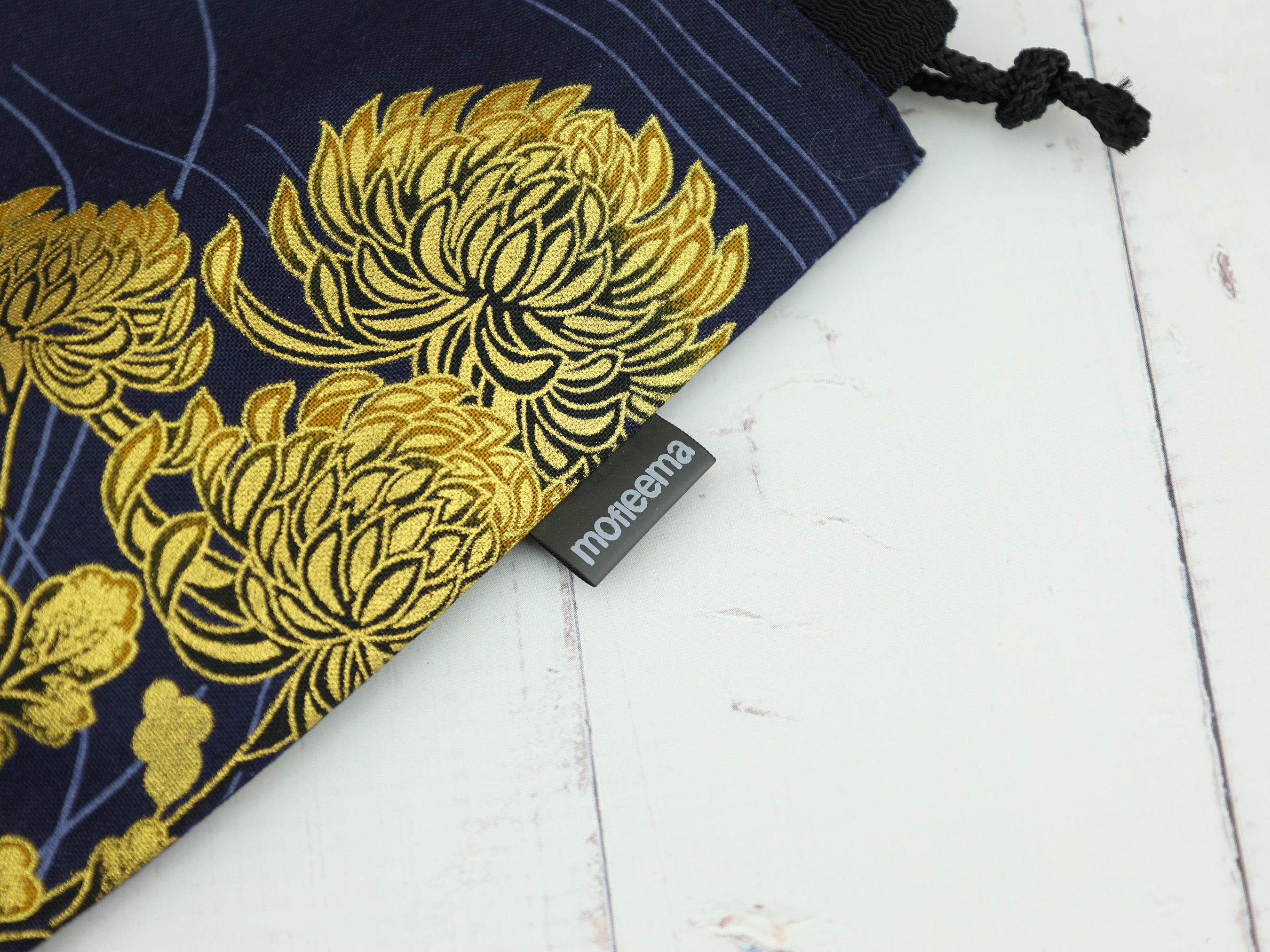 Japanese Crane Drawstring Pouch – Indigo Makeup Bag, Kimono Fabric Gift