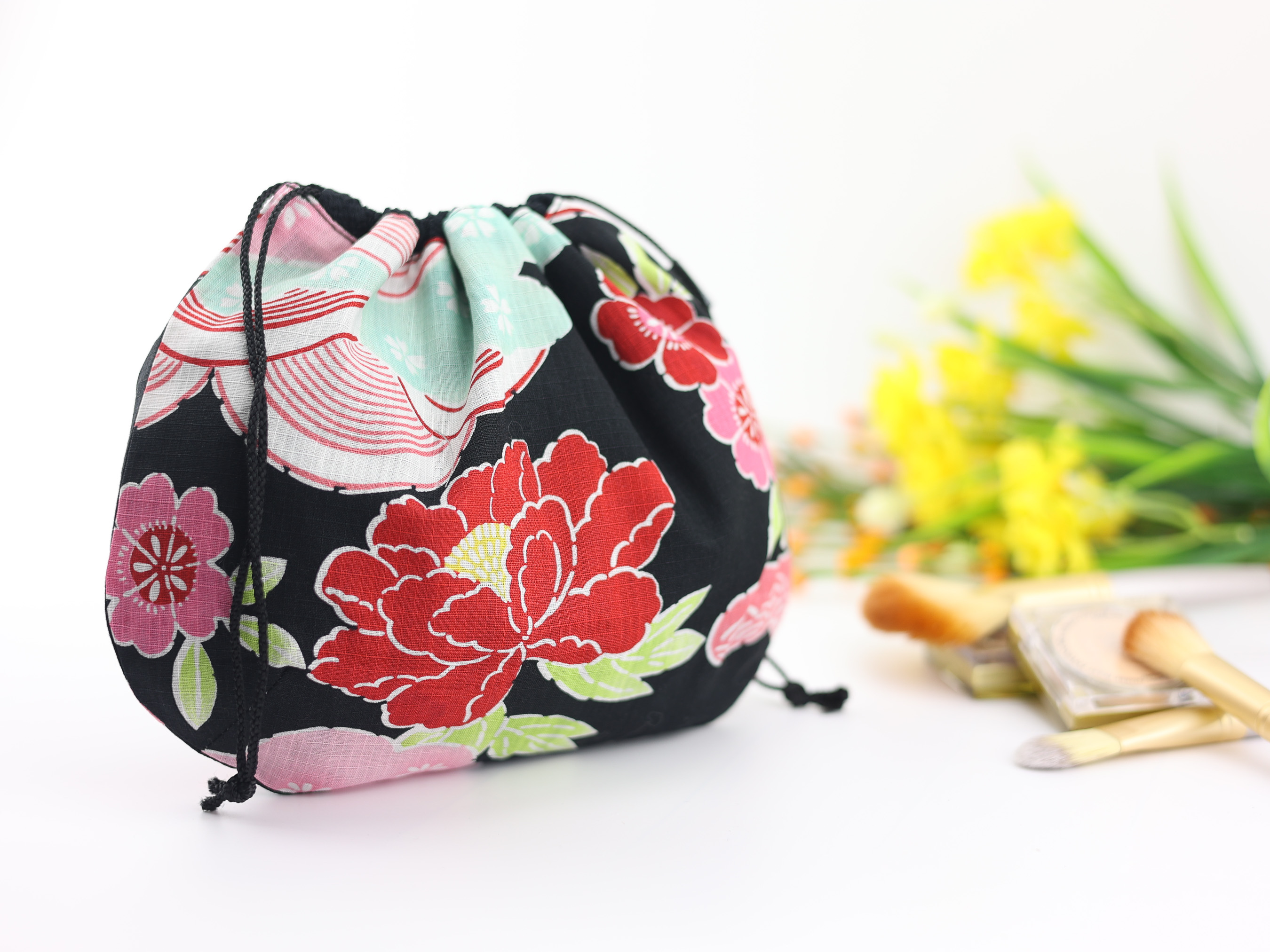 Japanese Peony Drawstring Pouch – Black Floral Makeup Bag, Gift for Her
