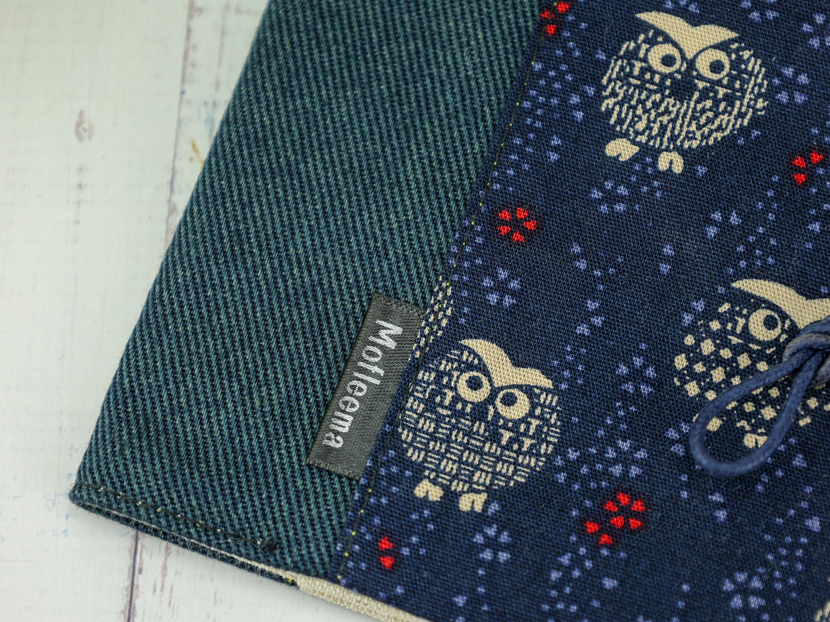 Japanese Owl Period Pouch – Navy Cotton and Denim, Lucky Animal Motif, Handmade in Canada
