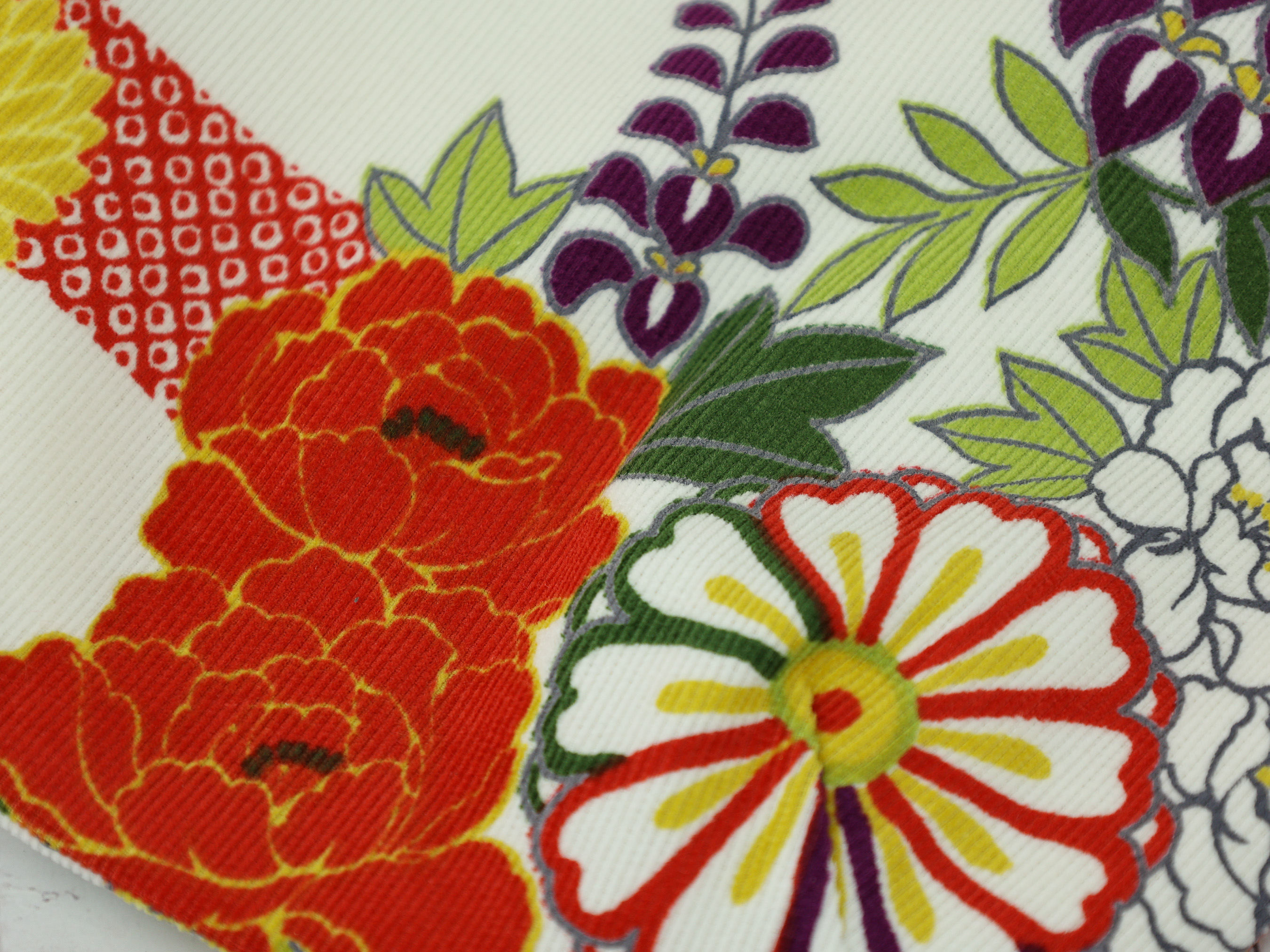 Japanese Floral Corduroy Pouch – Colorful Drawstring Bag with Kimono Pattern