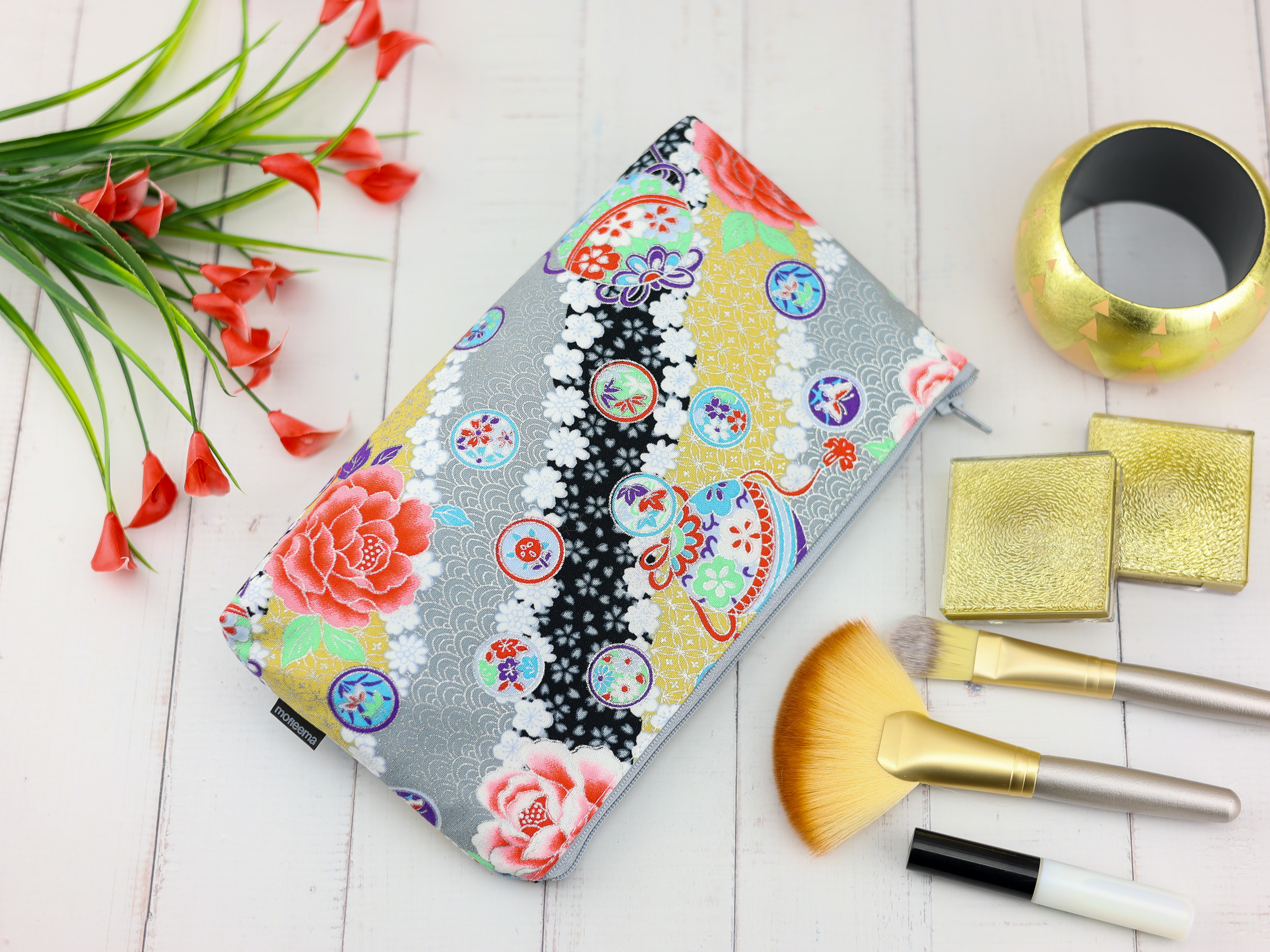 Peony and Temari Ball Zipper Pouch – Japanese Kimono Pattern Bag in Silver and Gold