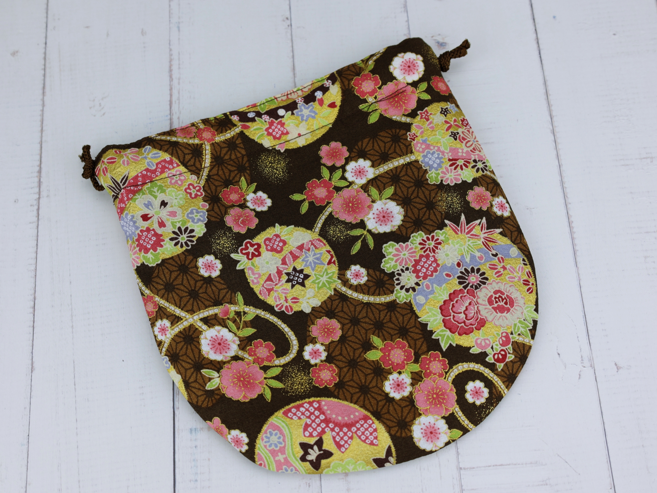 Cotton Fabric Drawstring Bag, Bridesmaids Gift, Japanese Kimono Pouch, Chrysanthemum, Brown