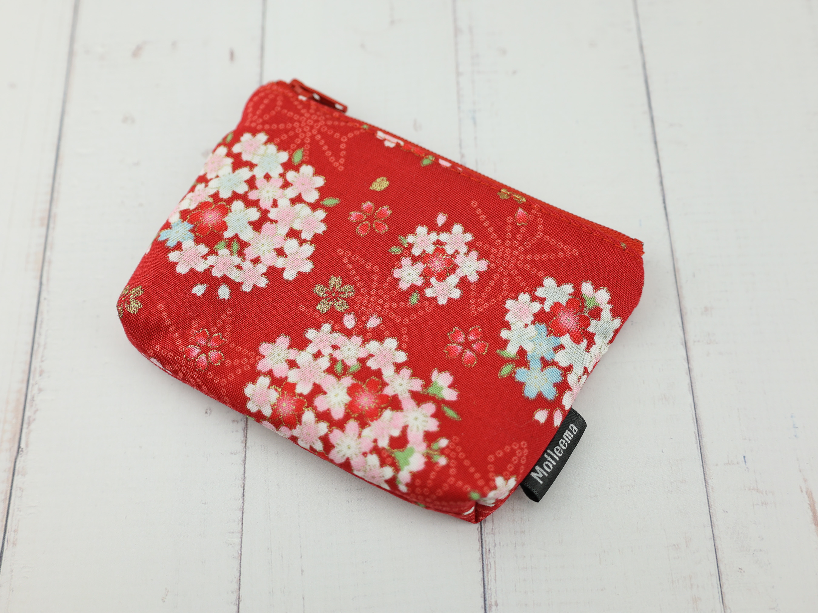 Red Sakura Coin Purse – Small Zipper Pouch with Floral Kimono Fabric