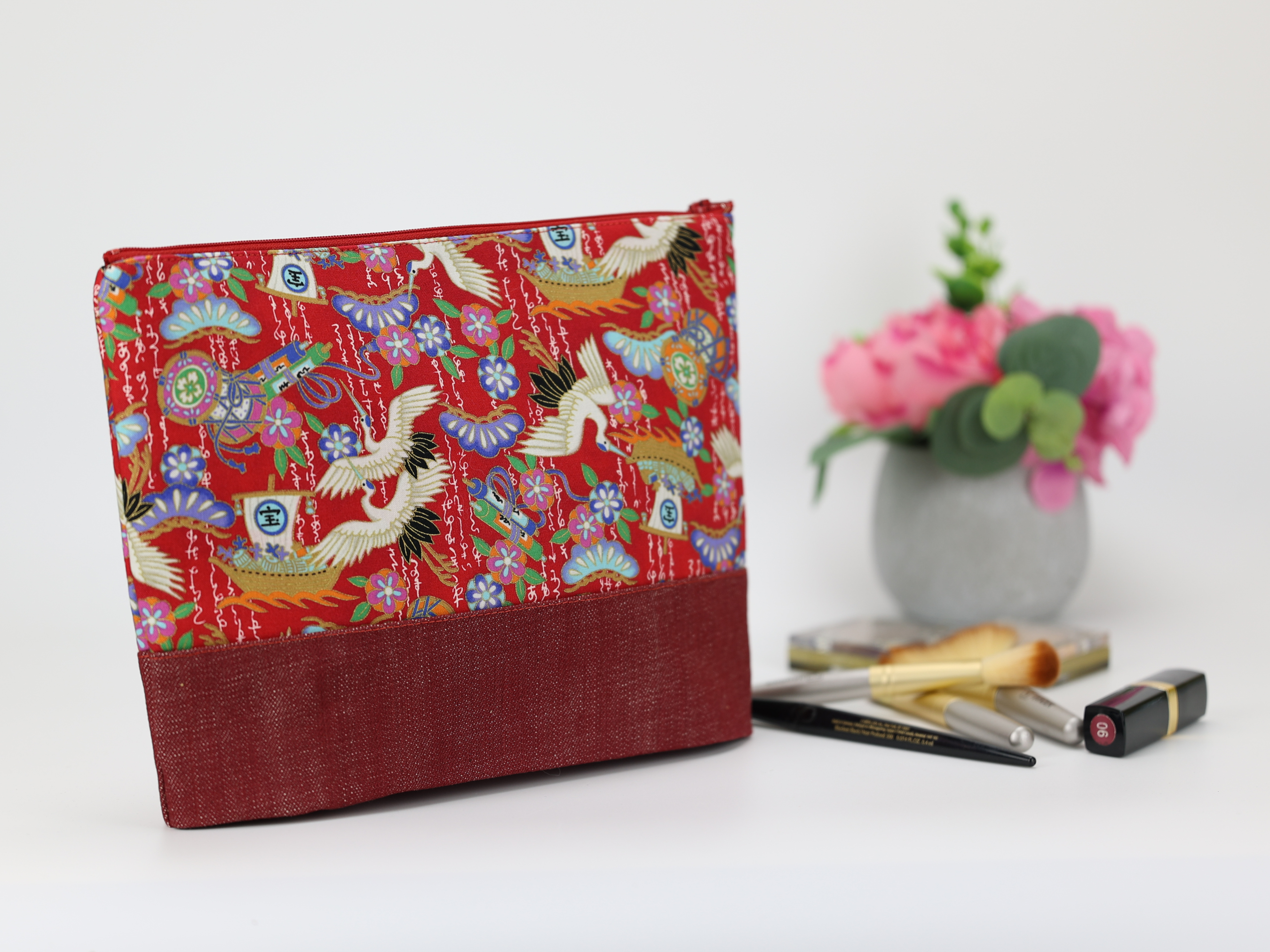 Handmade Japanese Kimono Pouch: Crane Print Cosmetic Bag