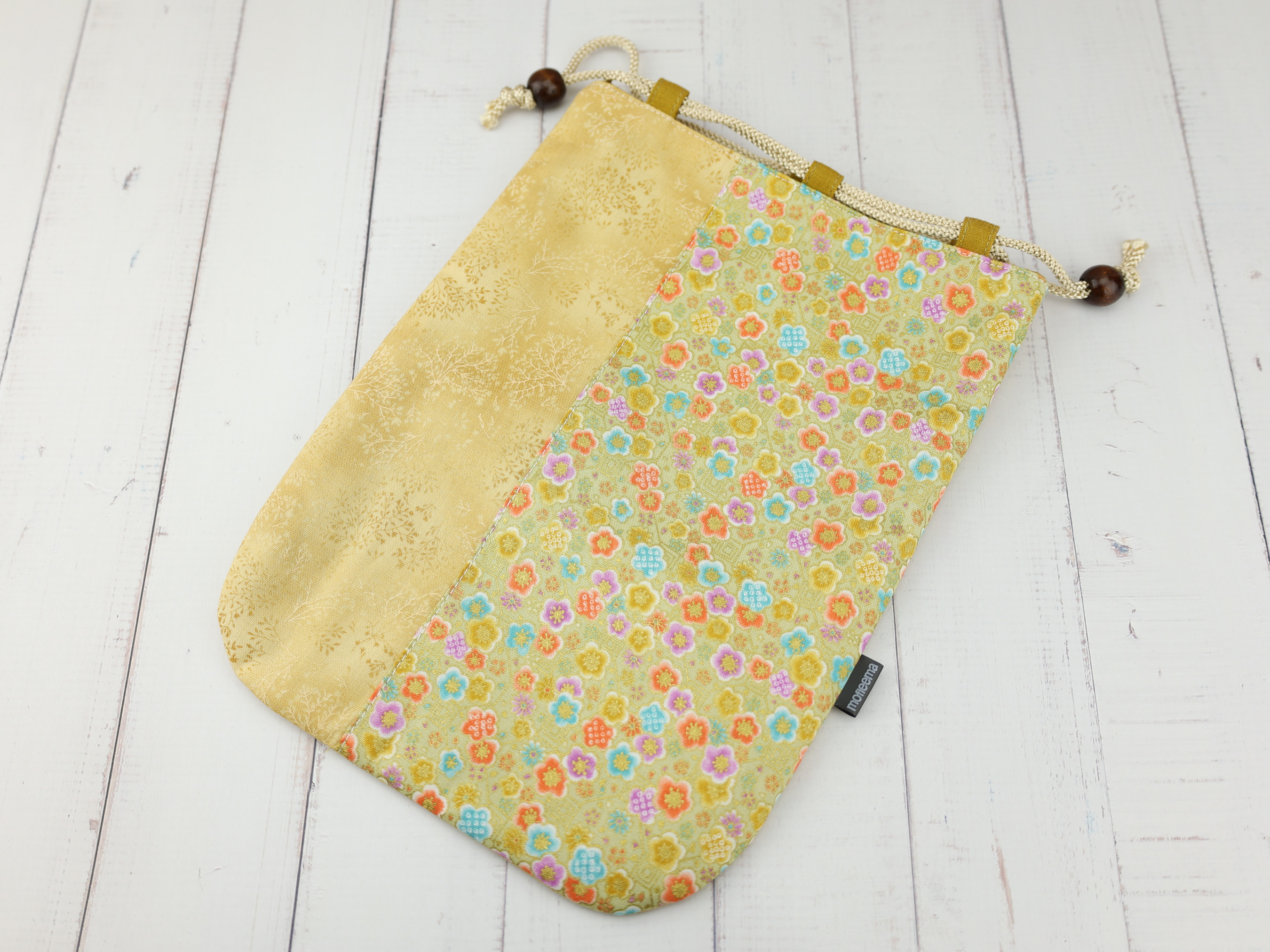Pastel Sakura Kinchaku Pouch, Japanese Yellow Drawstring Gift Bag, Spring Cherry Blossom Print