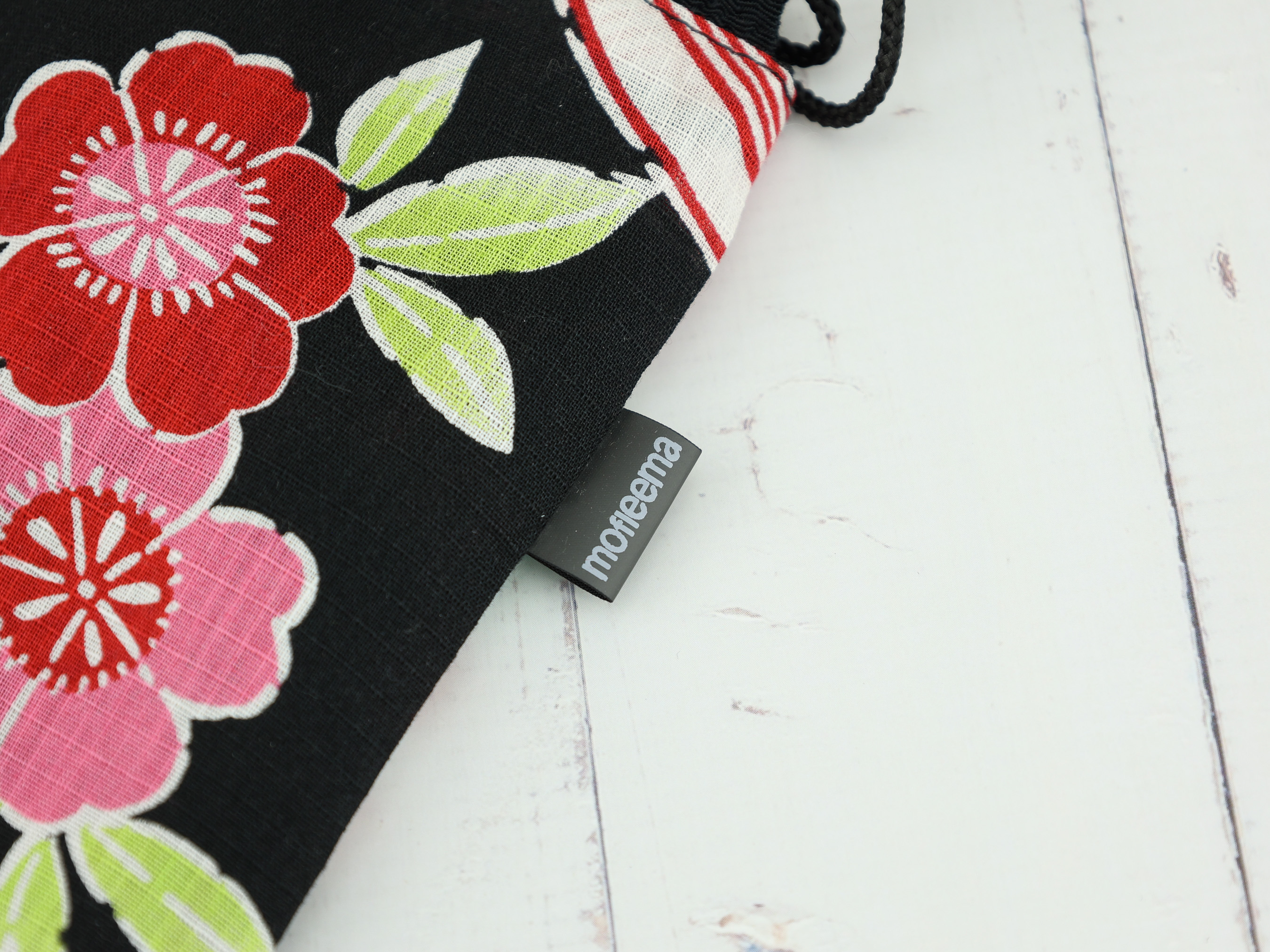 Japanese Peony Drawstring Pouch – Black Floral Makeup Bag, Gift for Her