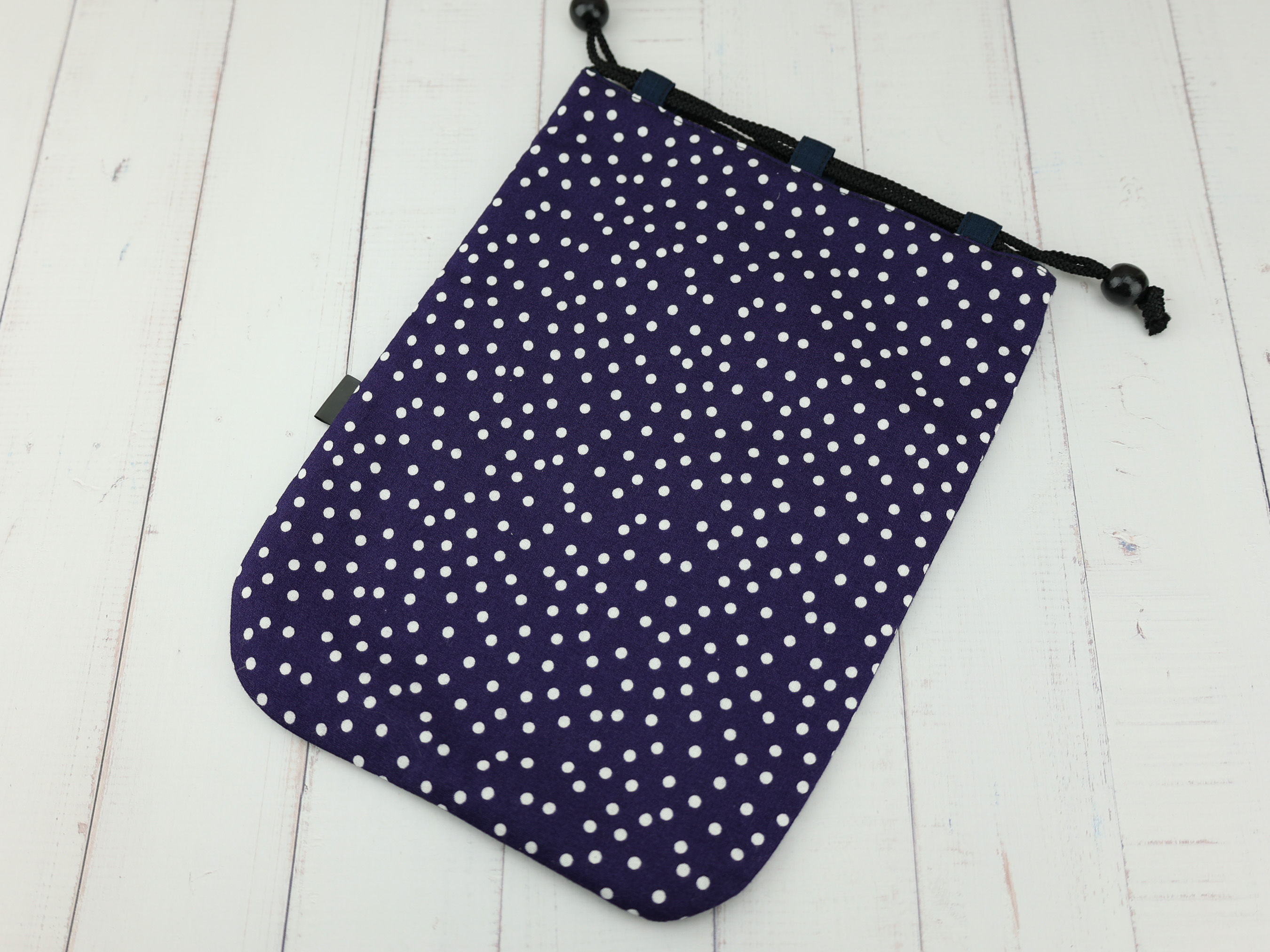Japanese Bird Print Kinchaku Pouch, Navy Drawstring Bag, Retro Polka Dot Fabric Gift Bag