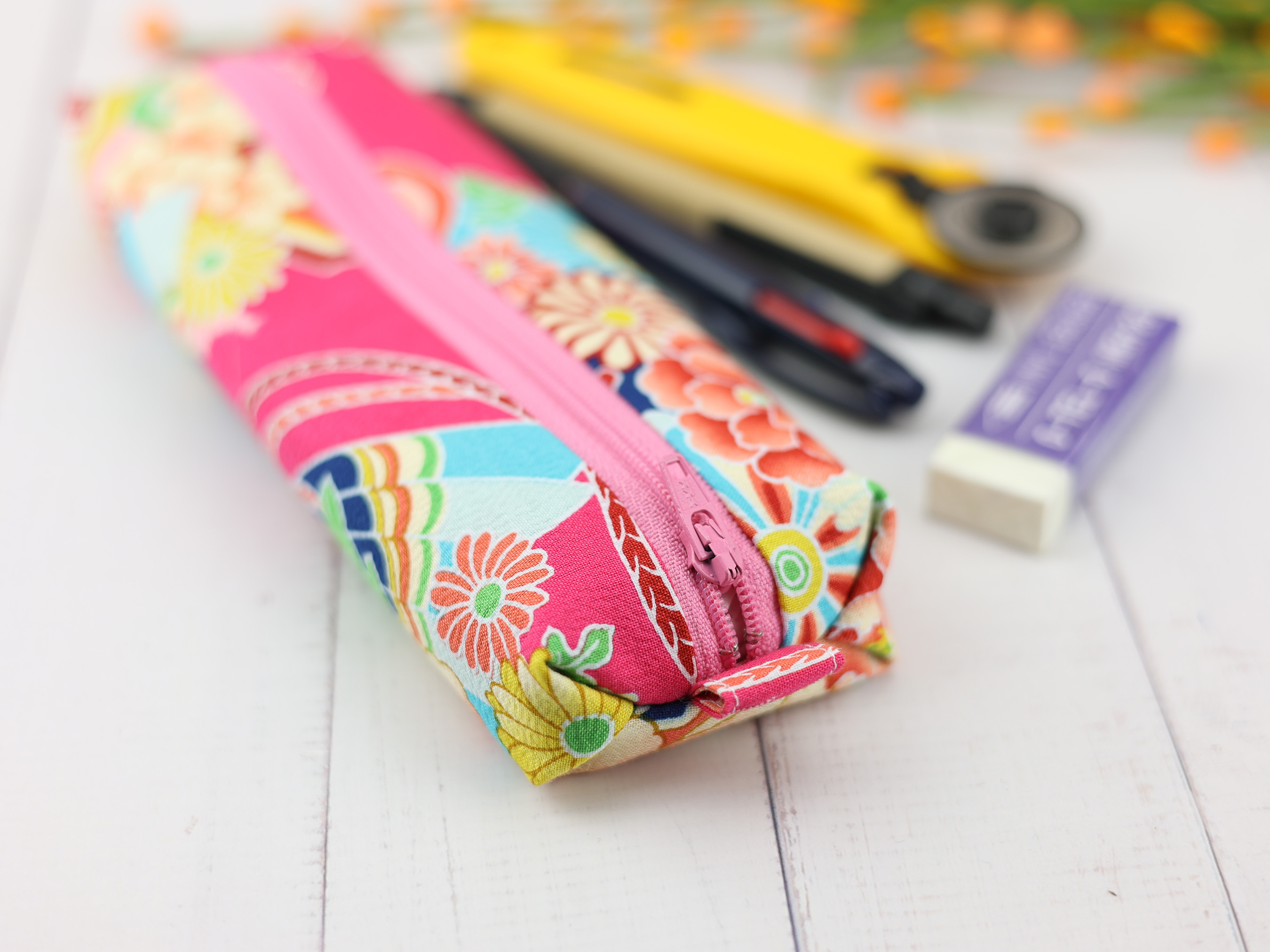 Peony & Fan Zipper Pouch – Bold Japanese Pencil Case in Vibrant Pink Kimono Fabric, Soft Lined