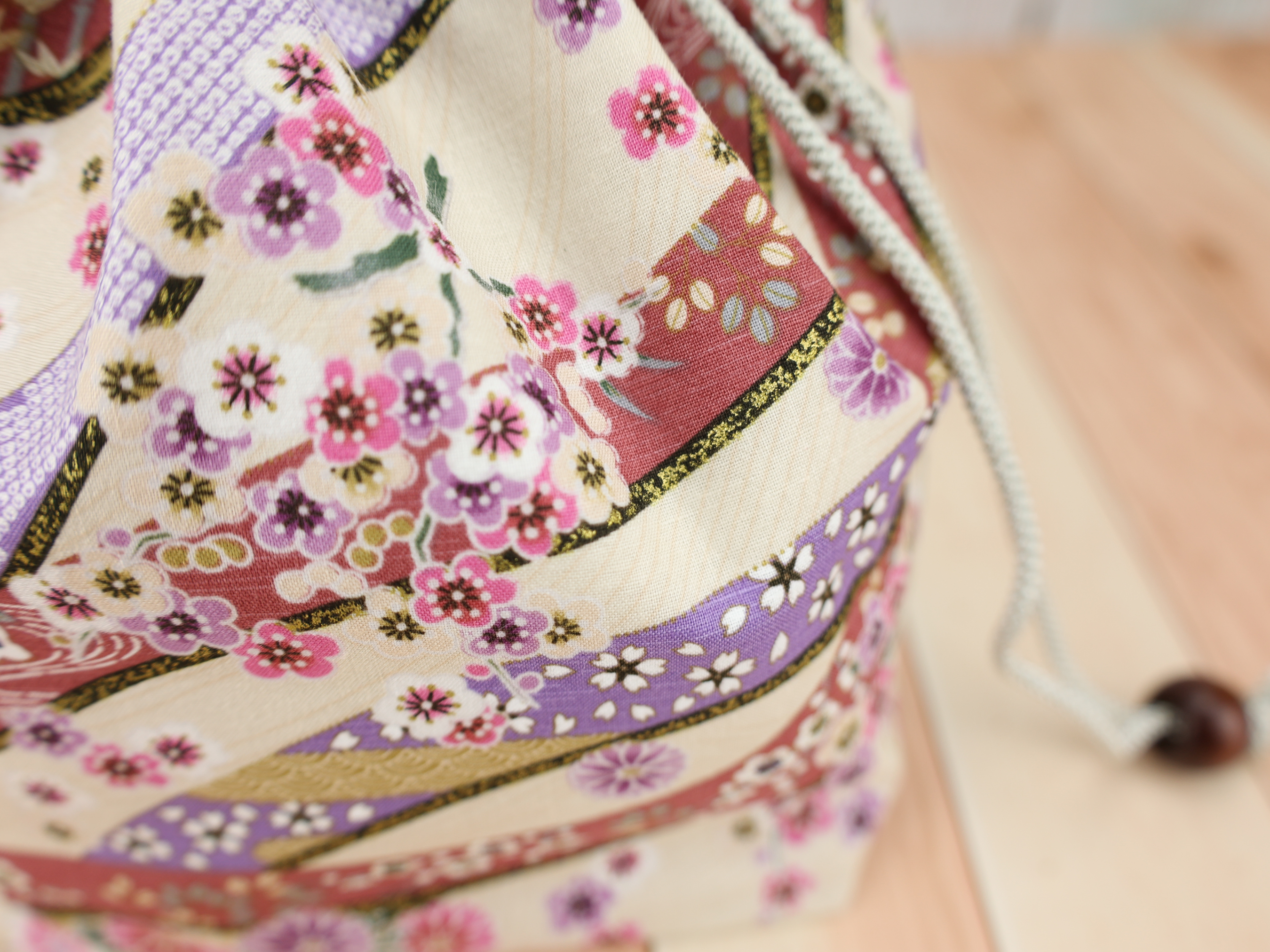 Kimono Fabric Drawstring Pouch: Handmade Cotton Makeup Bag Cherry Blossoms