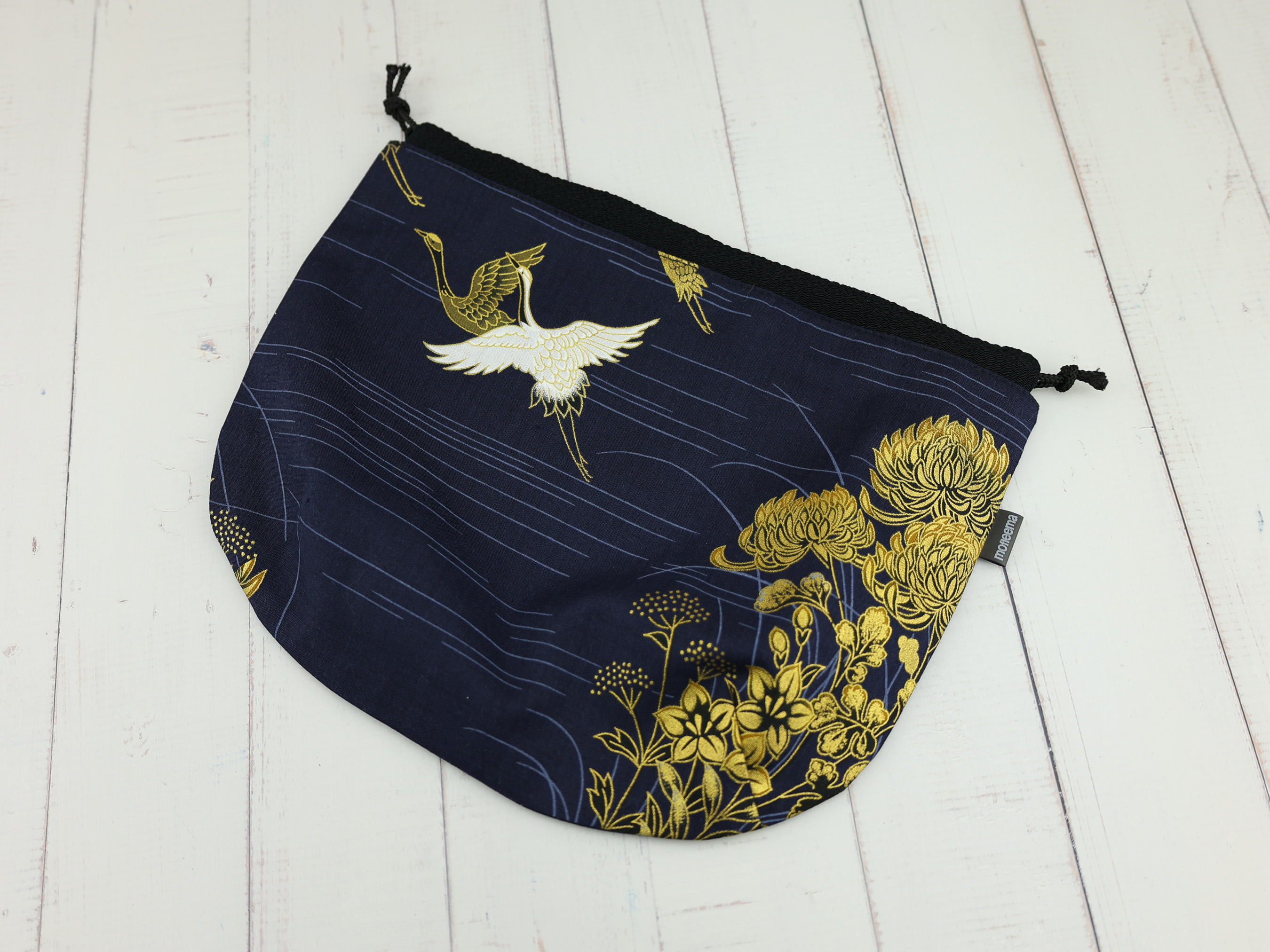 Japanese Crane Drawstring Pouch – Indigo Makeup Bag, Kimono Fabric Gift