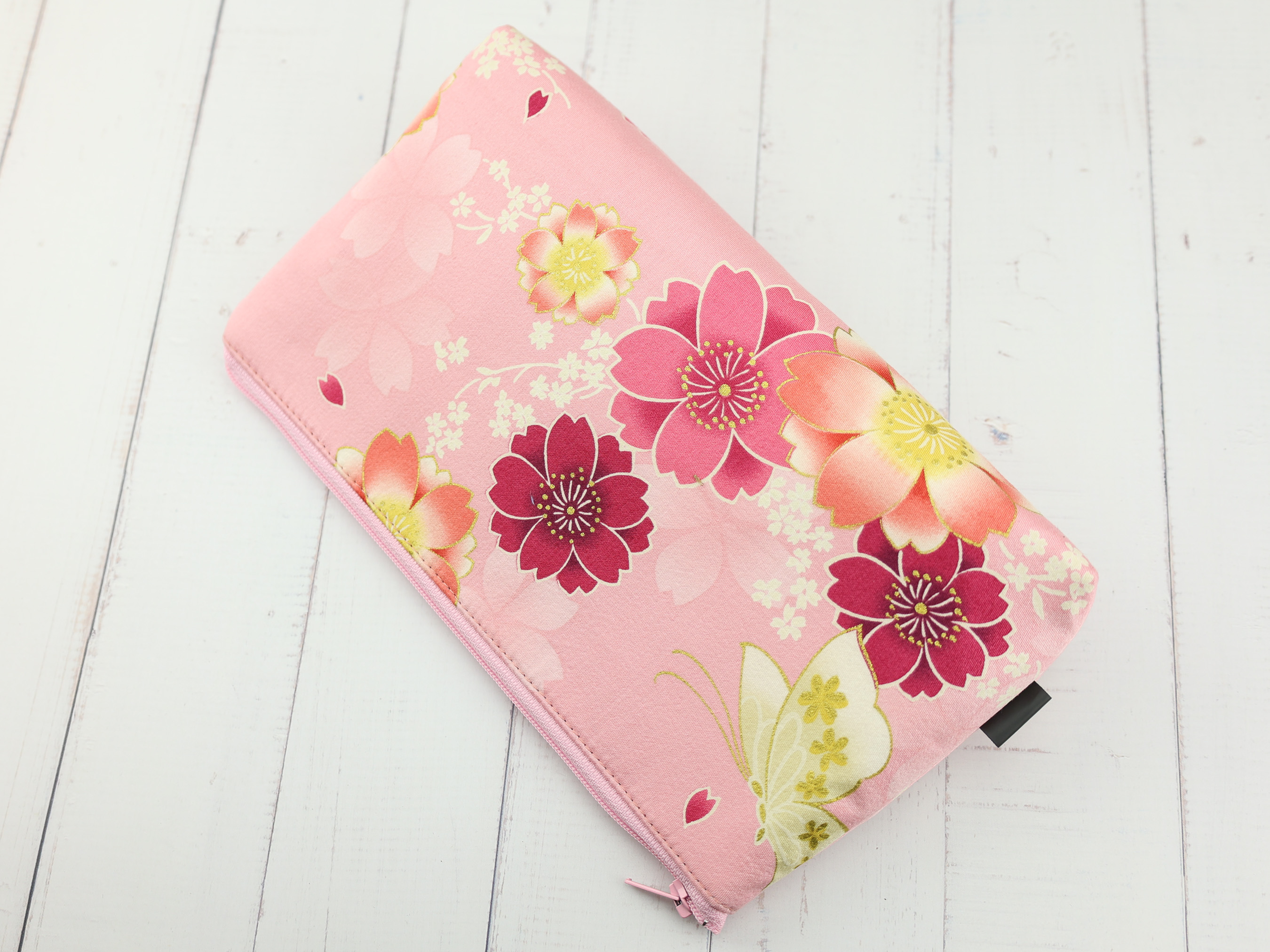 Cherry Blossom and Butterfly Zipper Pouch – Pink Sakura Floral Makeup Bag, Japanese Gift Idea