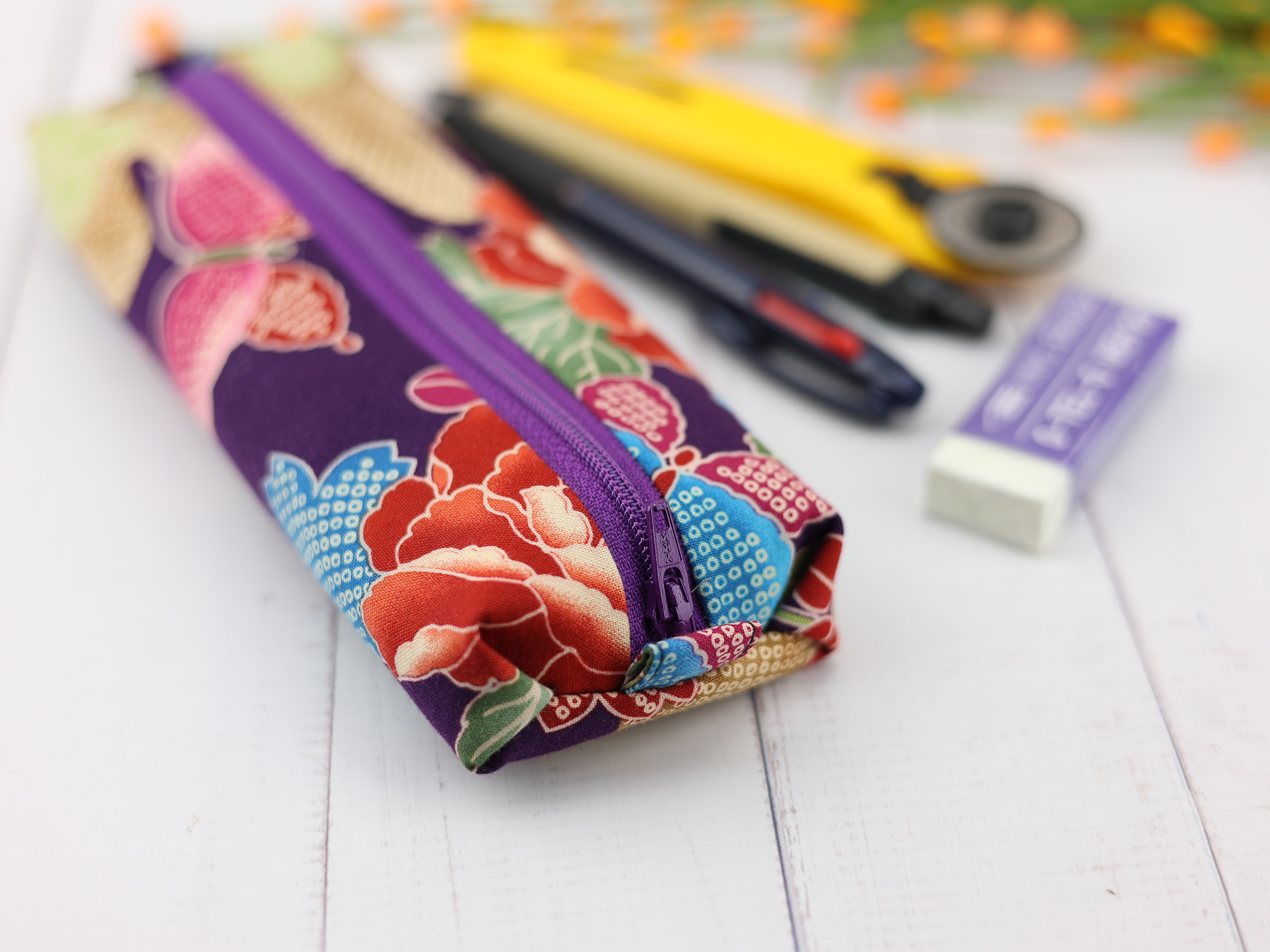 Large Peony Zipper Pouch – Soft Japanese Pencil Case in Purple Kimono Fabric, Bold & Colorful