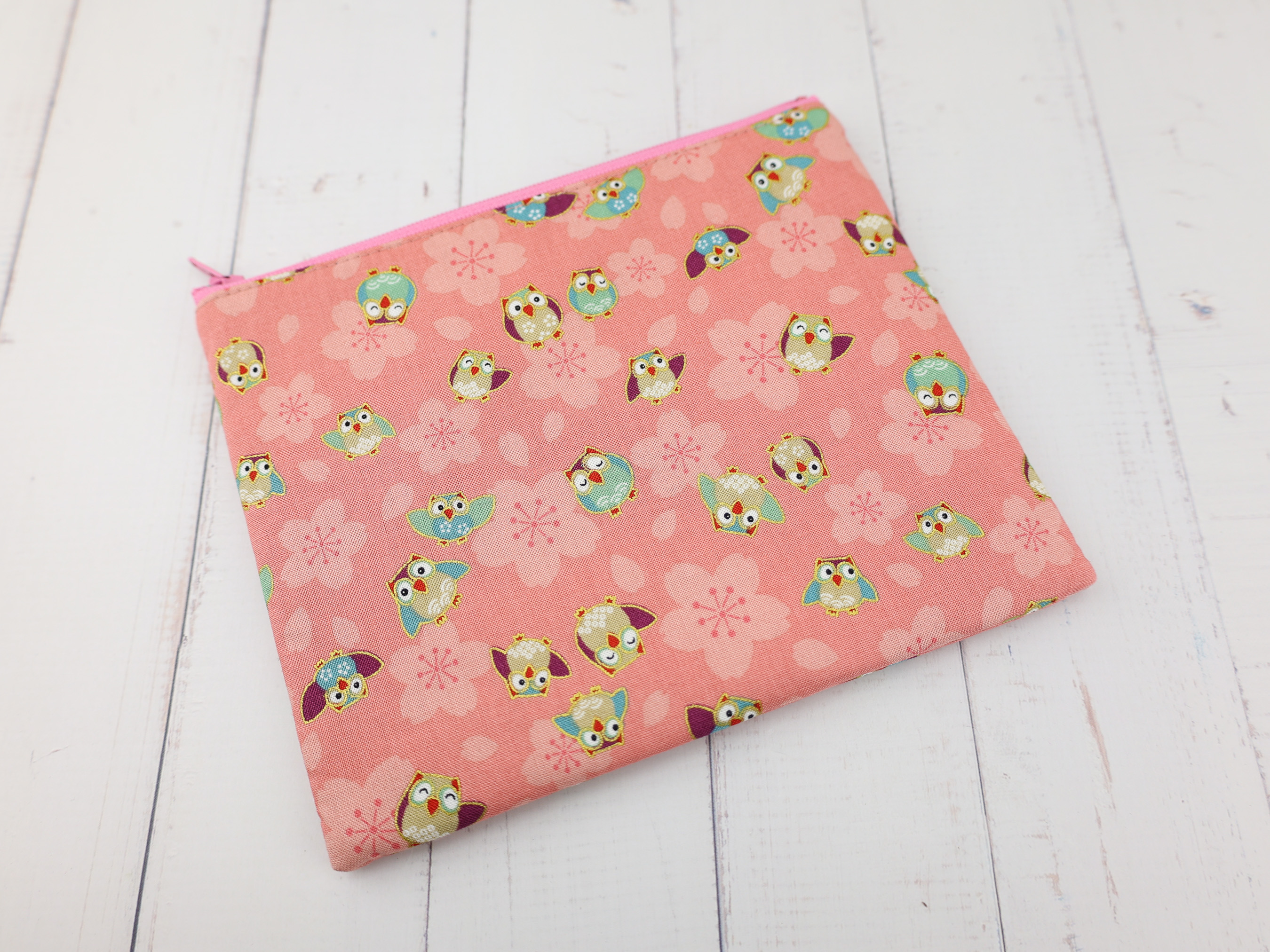 Cute Owl Sakura Zipper Pouch, Japanese Kimono Fabric Makeup Bag, Pink Cotton Gift