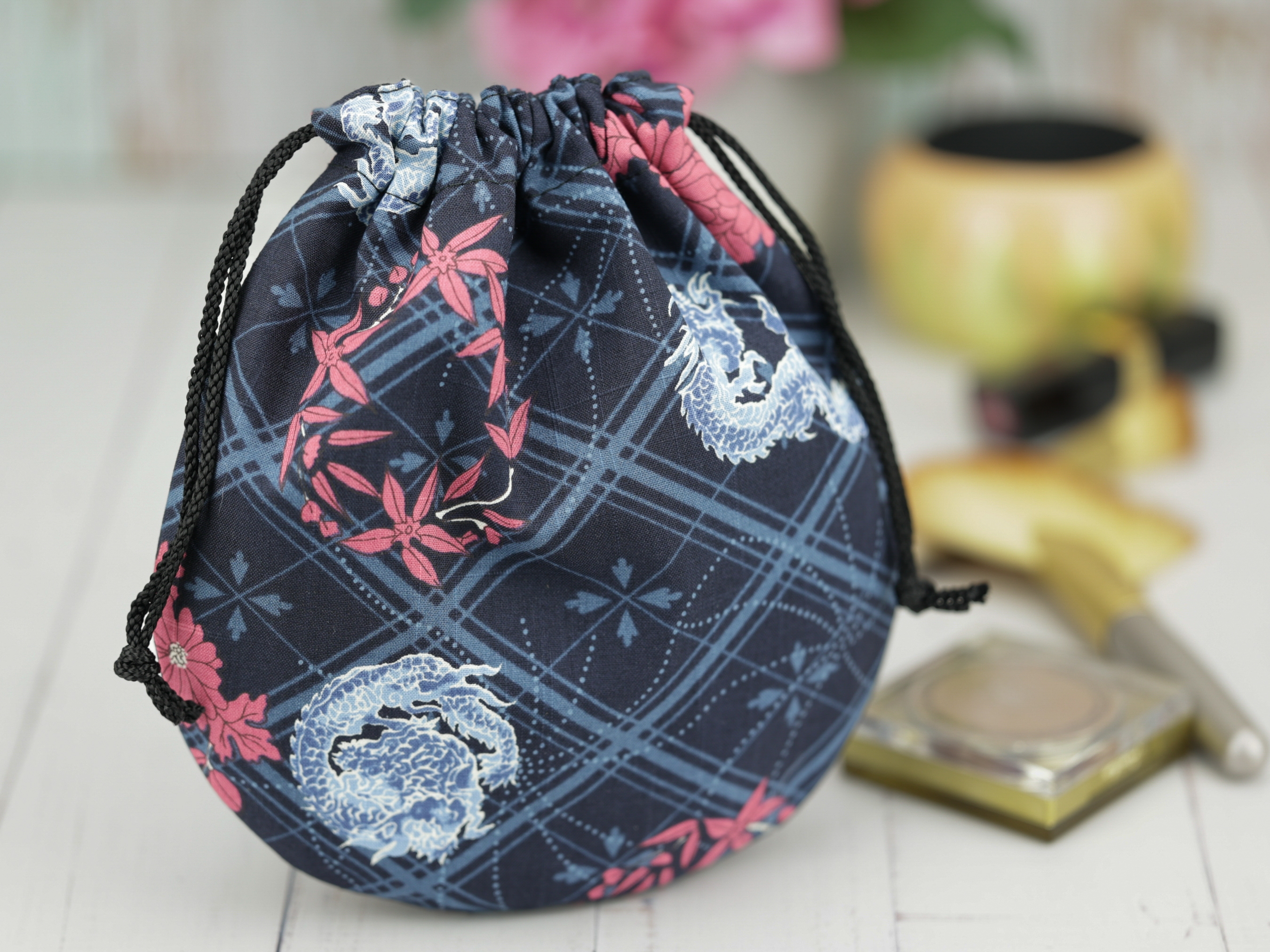 Kimono Dragon Drawstring Pouch: Japanese Cotton Snack Bag