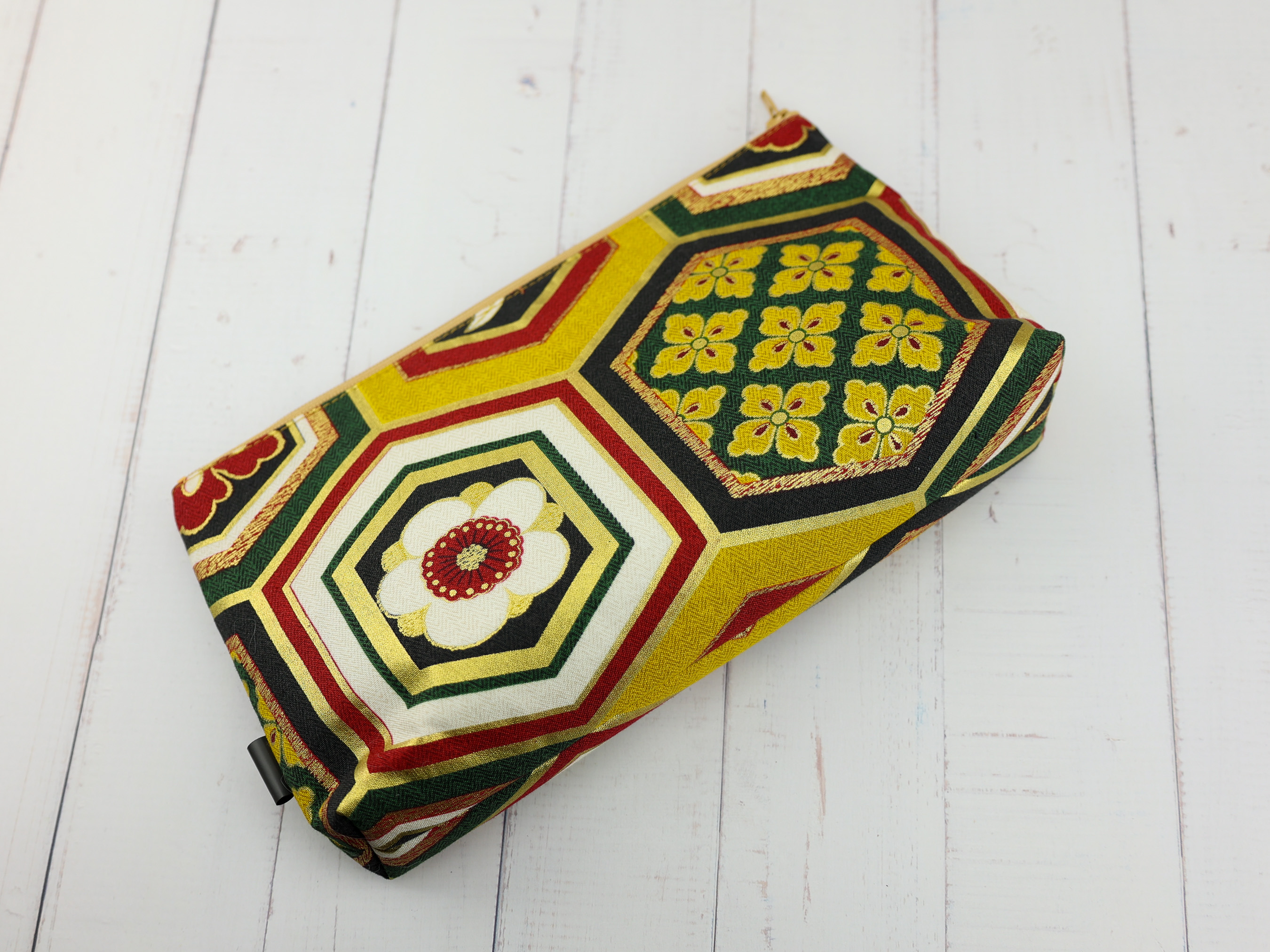 Japanese Kikkō Floral Zipper Pouch - Hexagon Kimono Pattern Bag, Red and Gold Cotton Gift
