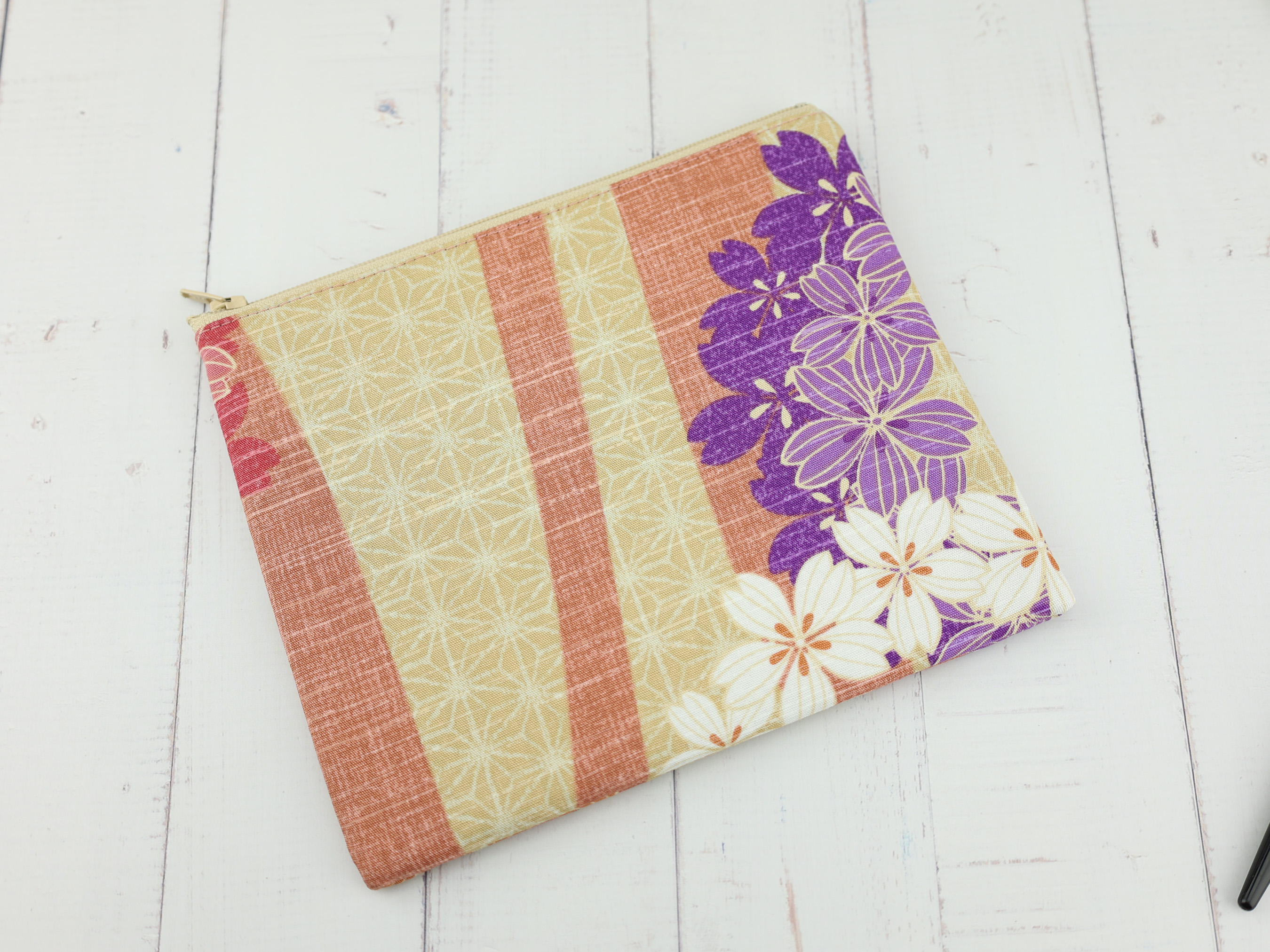 Cosmos Flower Zipper Pouch – Japanese Beige Bag with Asanoha Pattern and Purple Fall Florals