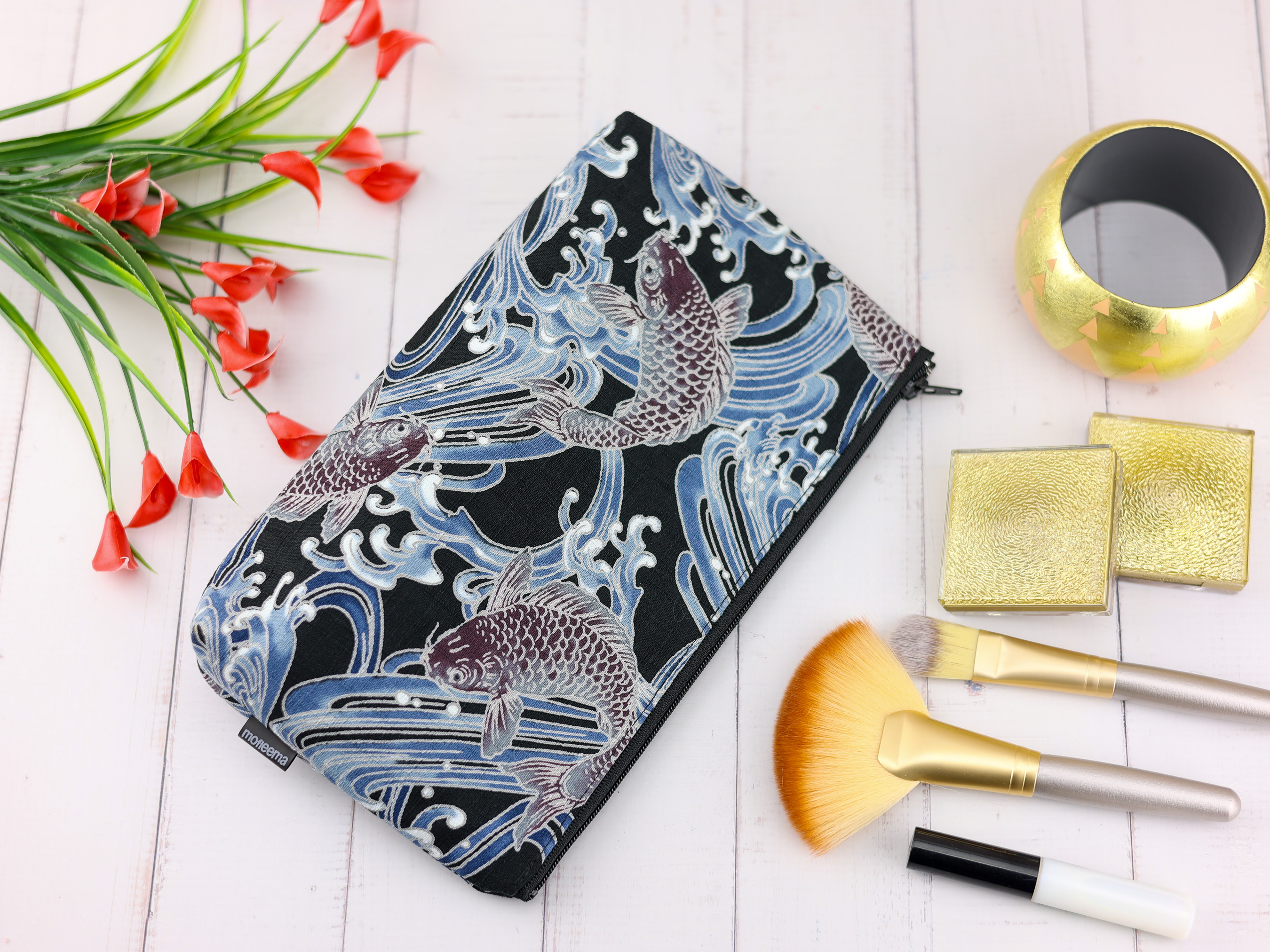 Japanese Koi Fish Wave Zipper Pouch – Cotton Makeup Bag, Washi-Inspired Pattern, Handmade Gift