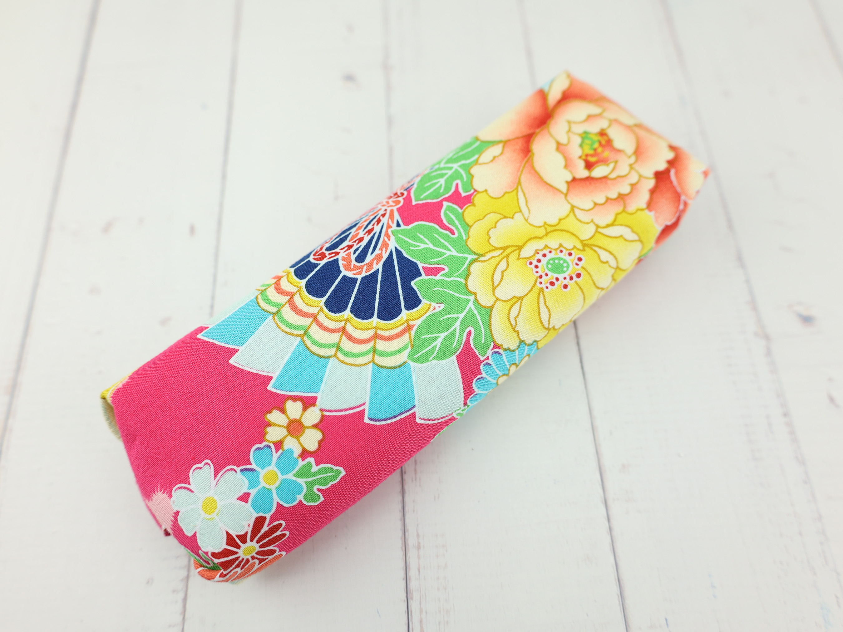 Peony & Fan Zipper Pouch – Bold Japanese Pencil Case in Vibrant Pink Kimono Fabric, Soft Lined