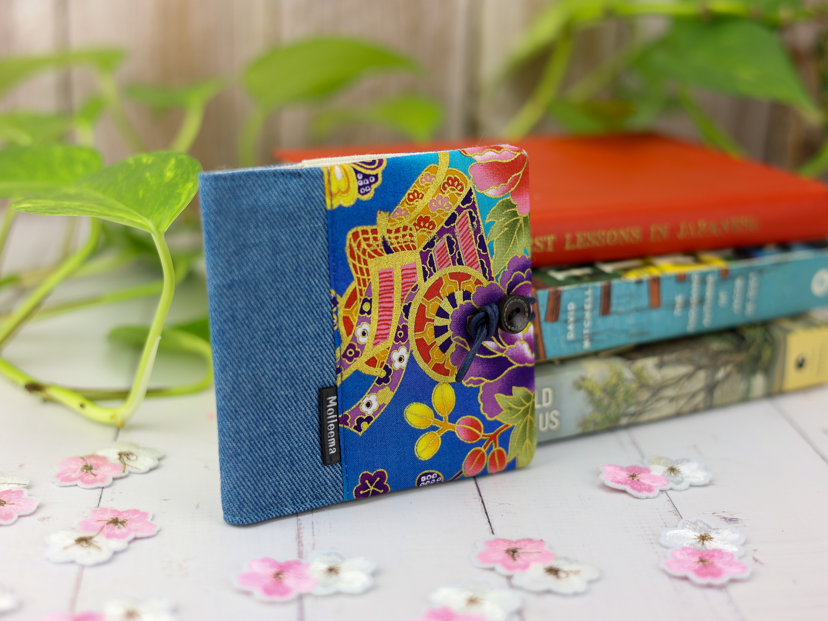 Festival Cart & Peony Pad Holder – Japanese Blue Gold Pouch with Floral and Dashi Motif