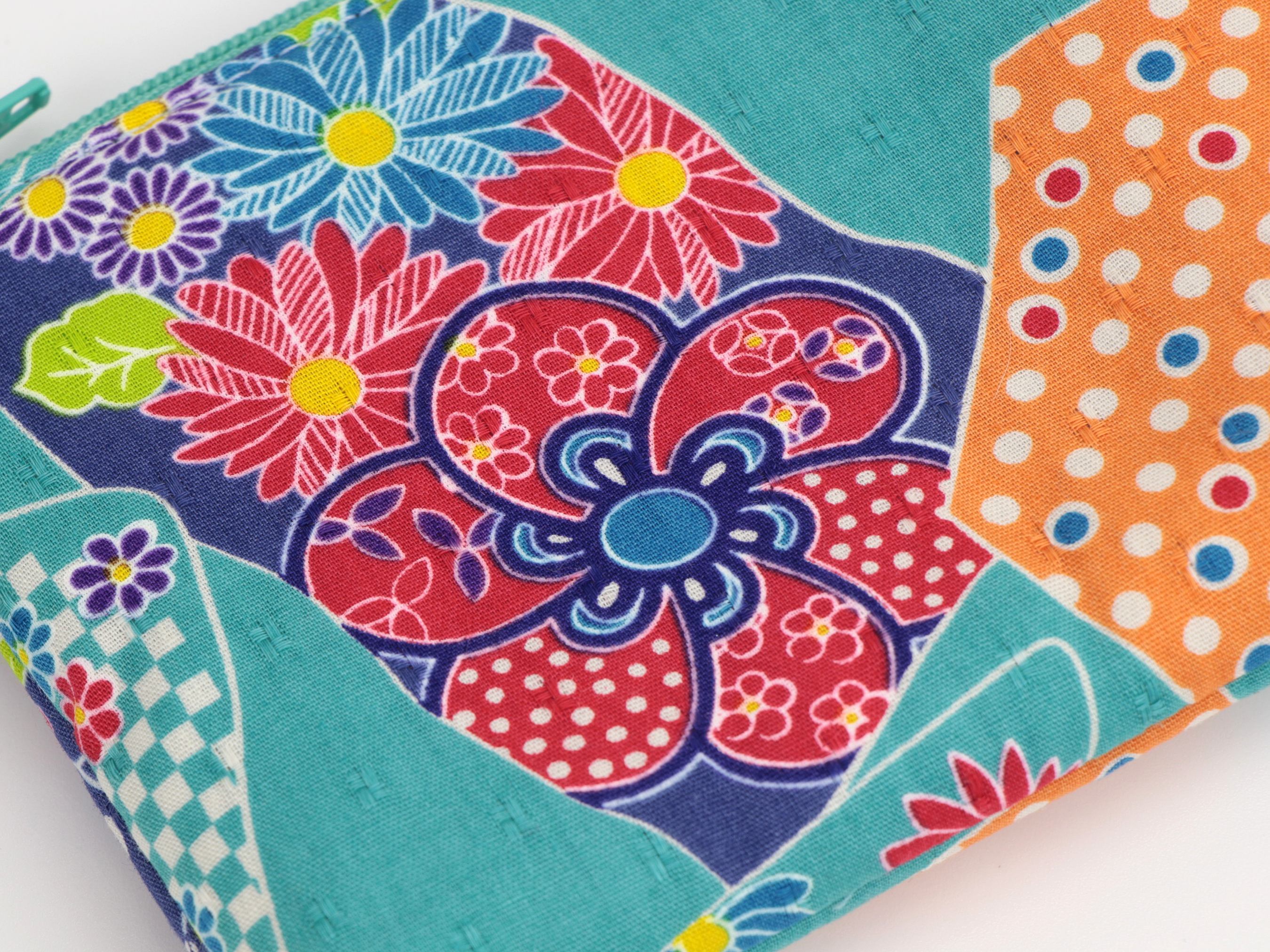 Kimono Cotton Coin Purse: Teal Plum Blossom Zipper Pouch