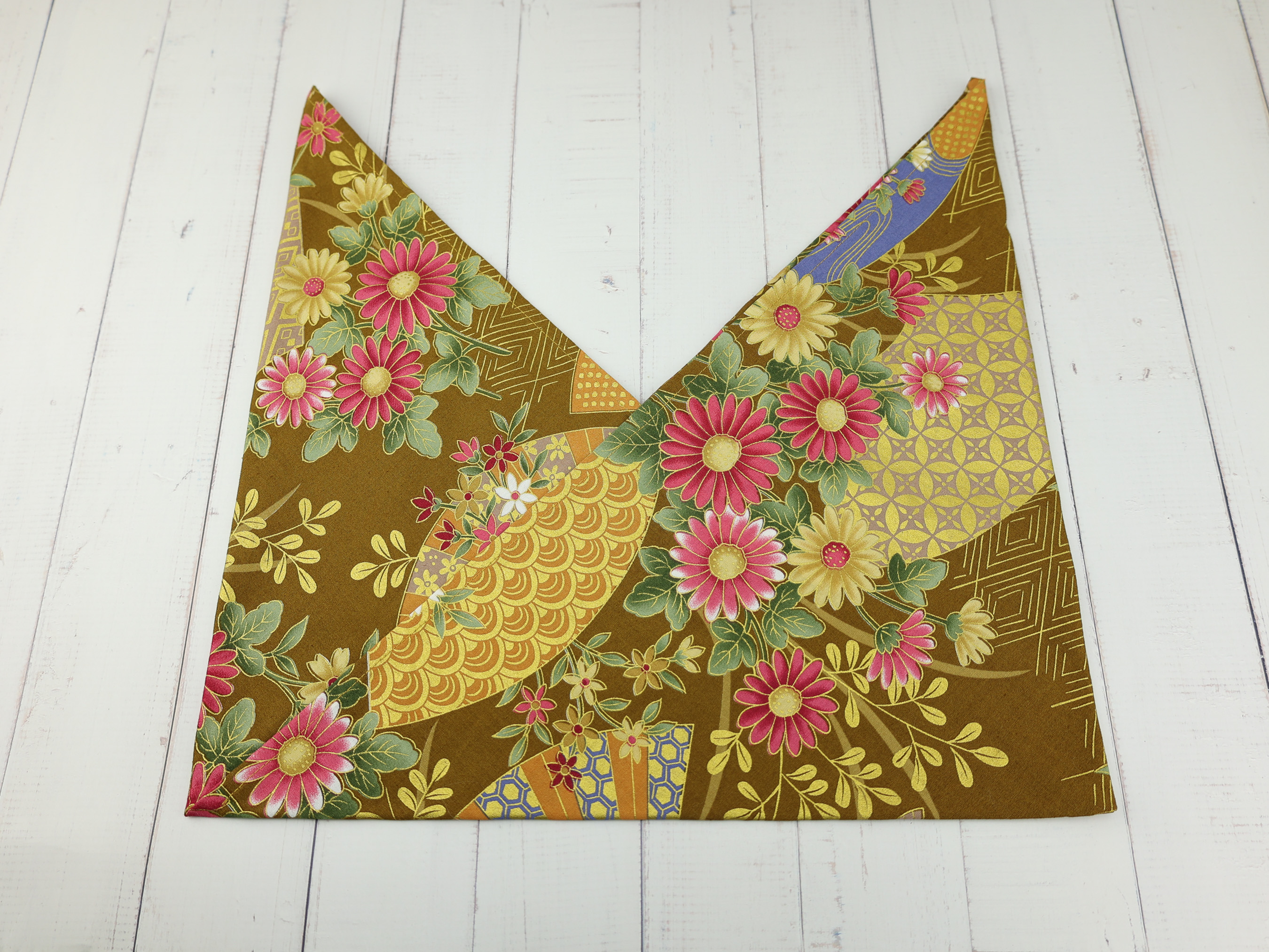 Japanese Azuma Bag – Golden Chrysanthemum & Kikkō Pattern, Unlined Cotton Tote, Handmade in Canada