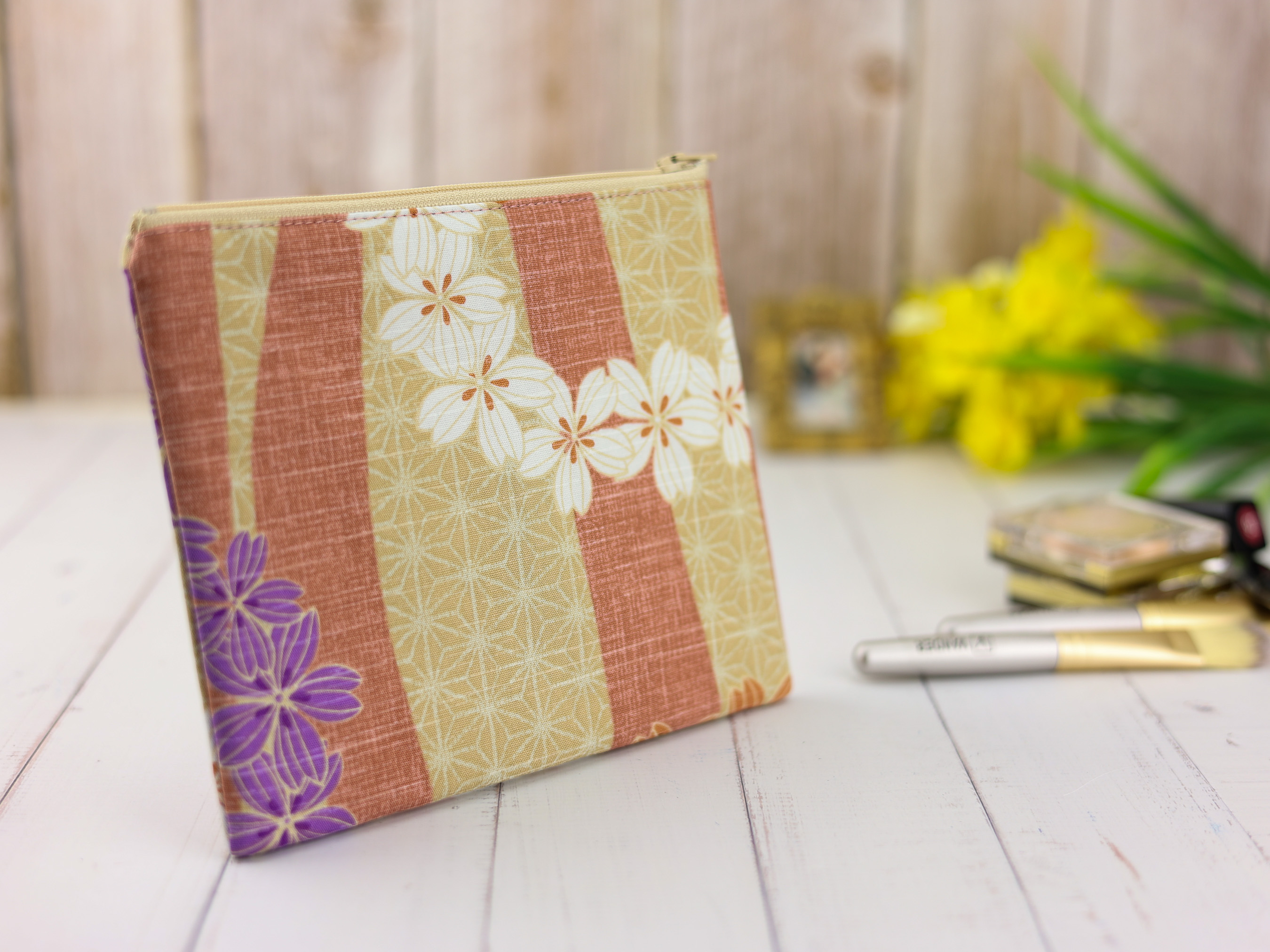 Cosmos Flower Zipper Pouch – Japanese Beige Bag with Asanoha Pattern and Purple Fall Florals